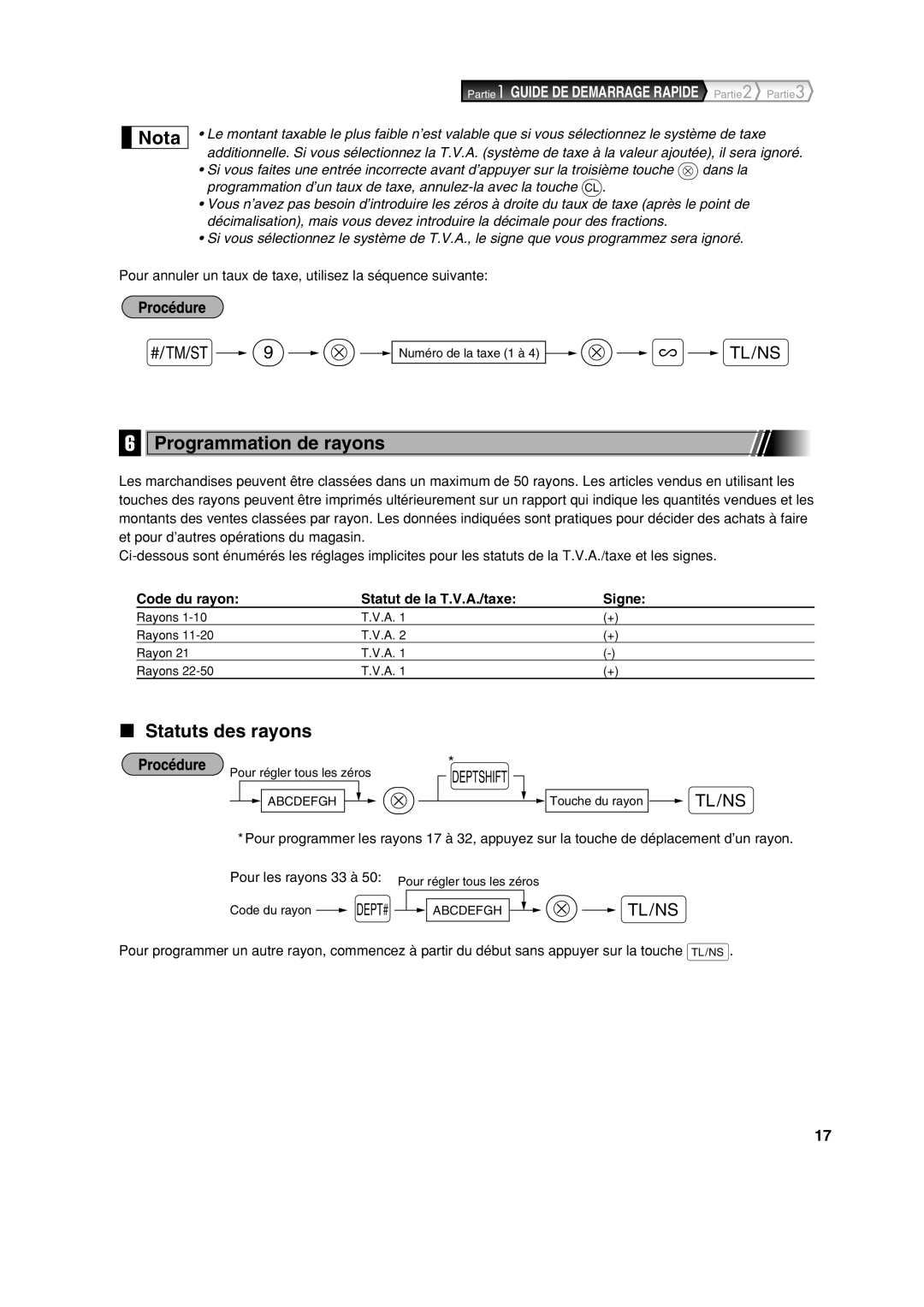 Sharp XE-A113 Programmation de rayons, Statuts des rayons, Pour annuler un taux de taxe, utilisez la séquence suivante 