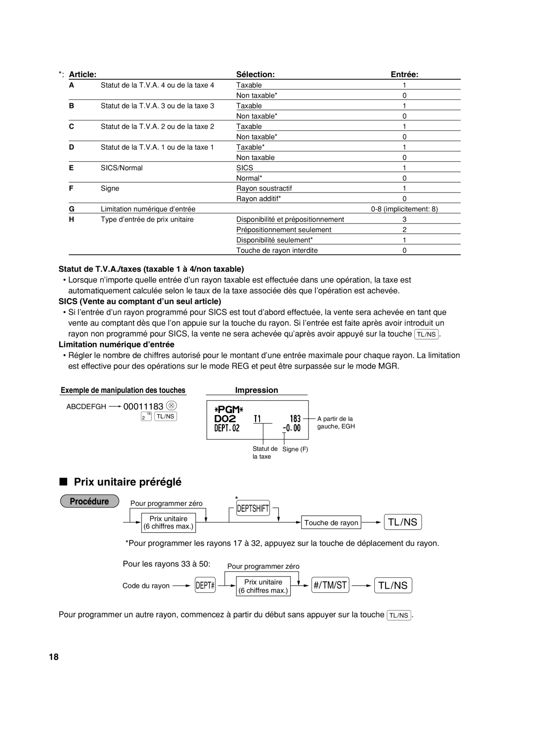 Sharp XE-A113 Prix unitaire préréglé, Article Sélection Entrée, Statut de T.V.A./taxes taxable 1 à 4/non taxable 