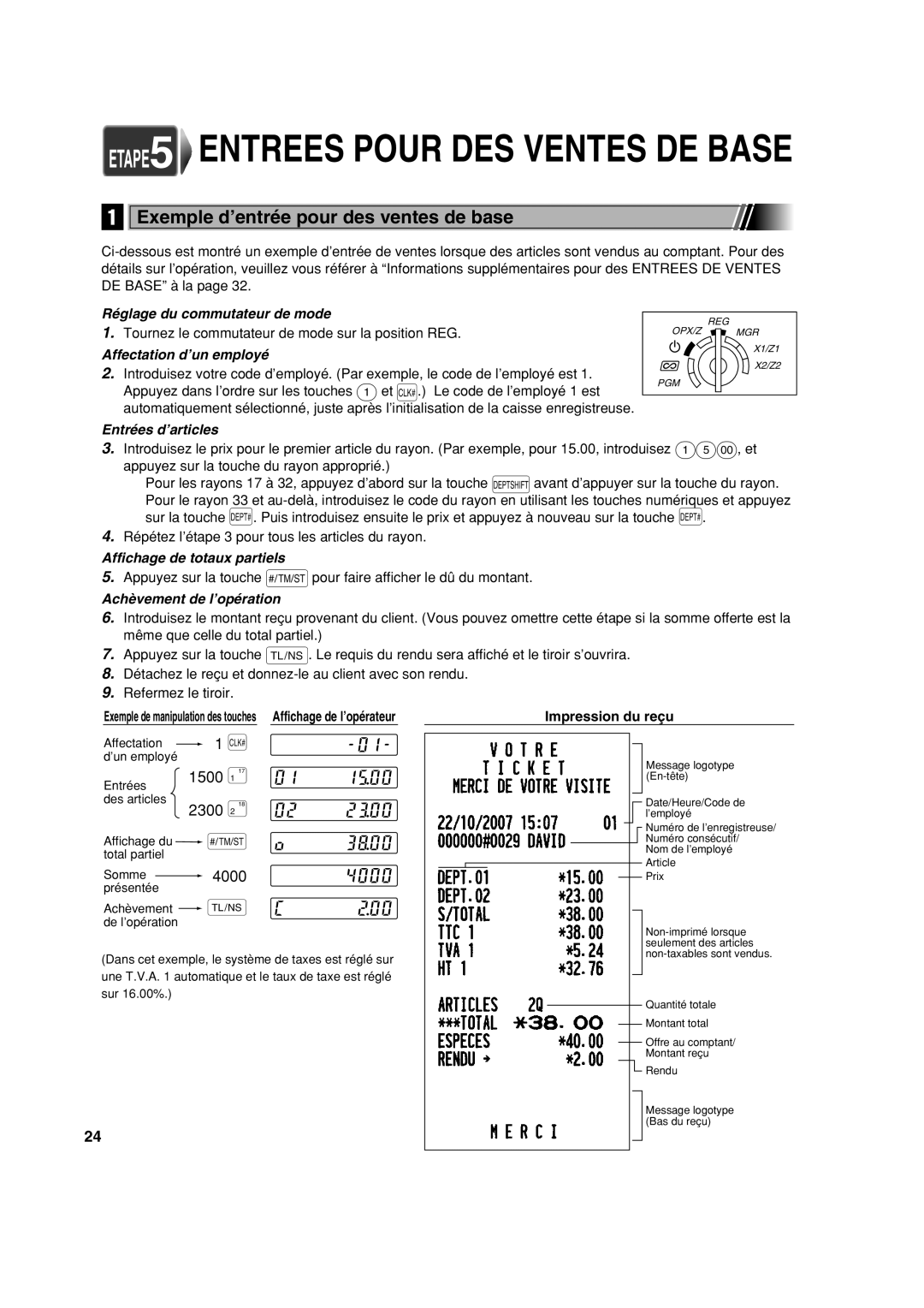 Sharp XE-A113 Exemple d’entrée pour des ventes de base, Tournez le commutateur de mode sur la position REG 