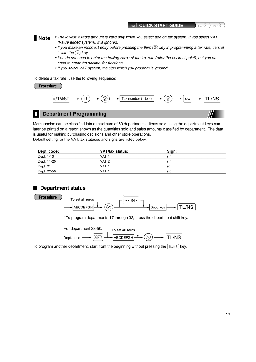 Sharp XE-A113 Department Programming, Department status, To delete a tax rate, use the following sequence 