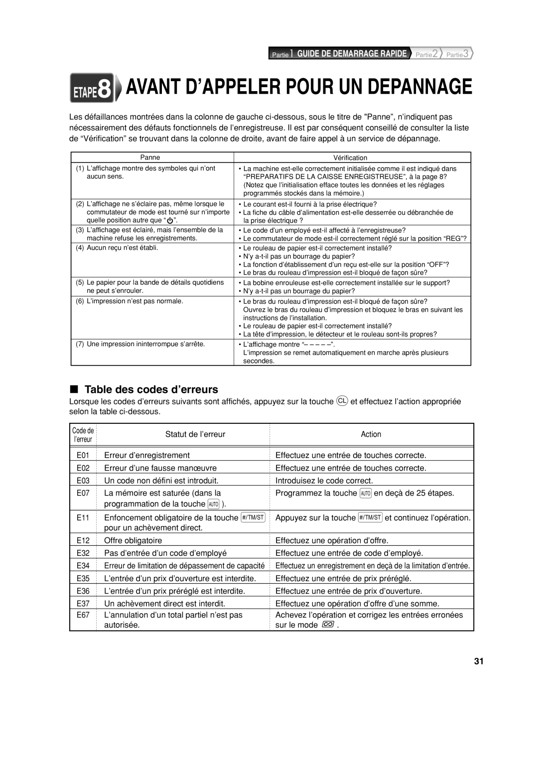 Sharp XE-A113 instruction manual Table des codes d’erreurs, Statut de l’erreur Action, Pour un achèvement direct 