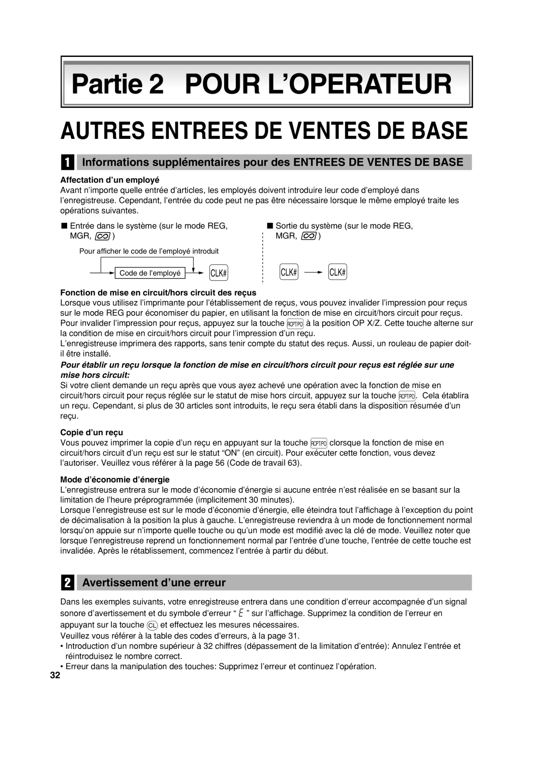 Sharp XE-A113 Avertissement d’une erreur, Affectation d’un employé, Fonction de mise en circuit/hors circuit des reçus 