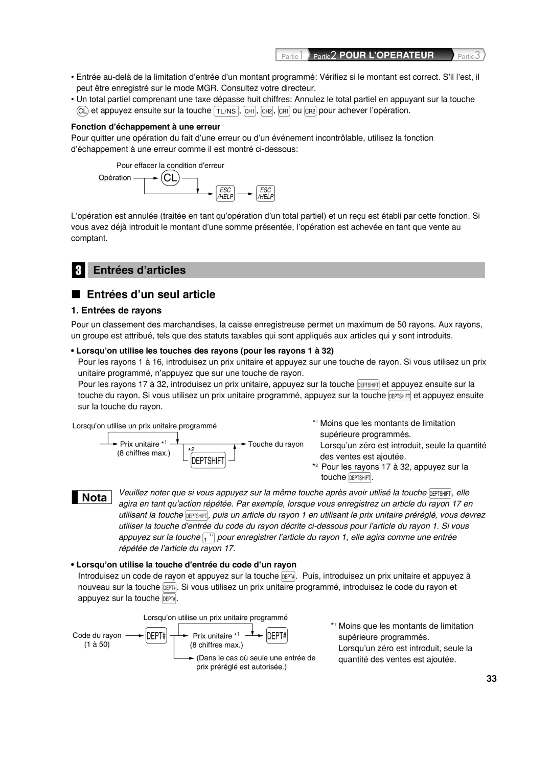 Sharp XE-A113 Entrées d’articles Entrées d’un seul article, Entrées de rayons, Fonction d’échappement à une erreur 