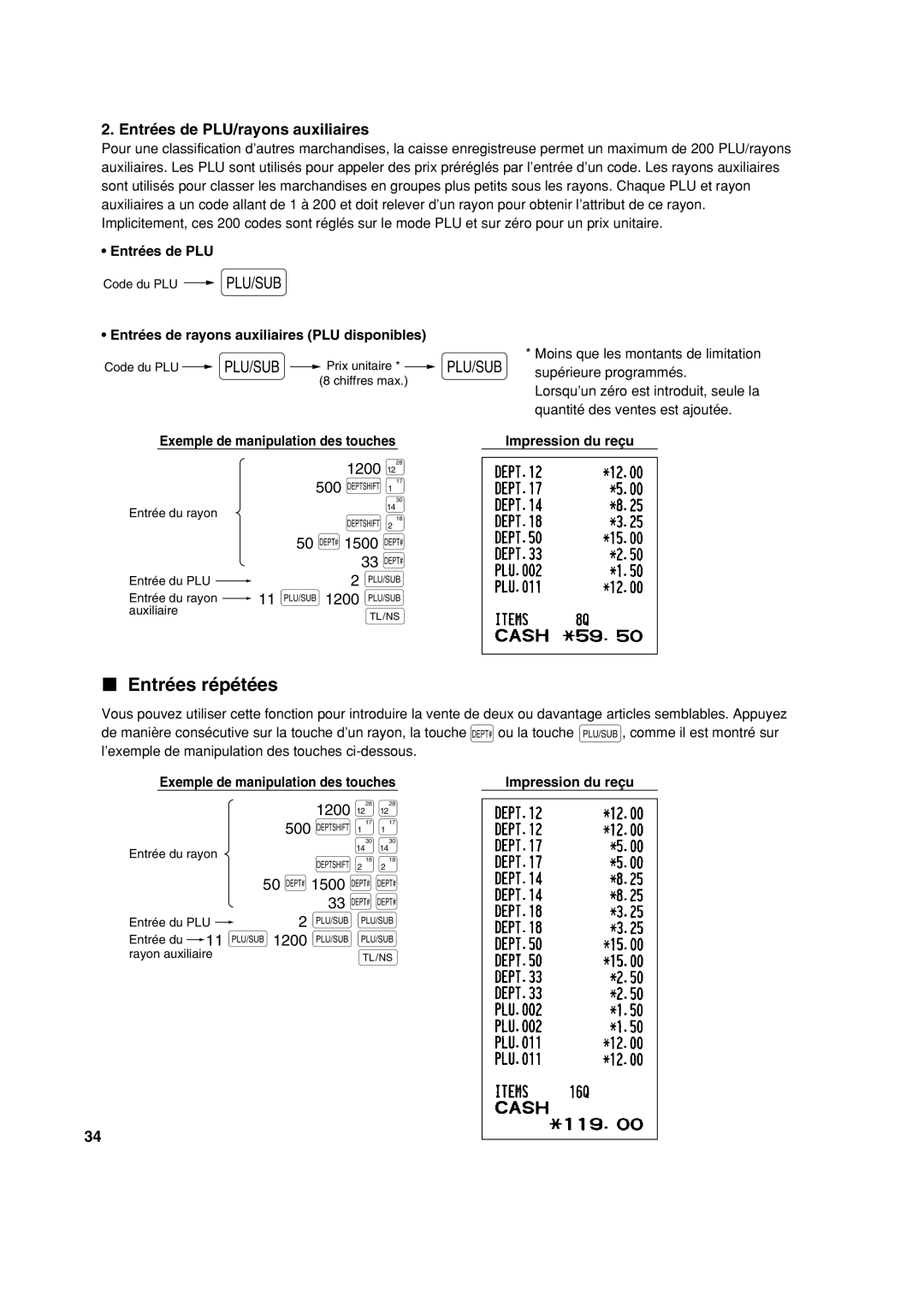 Sharp XE-A113 instruction manual Entrées répétées, Entrées de PLU/rayons auxiliaires 