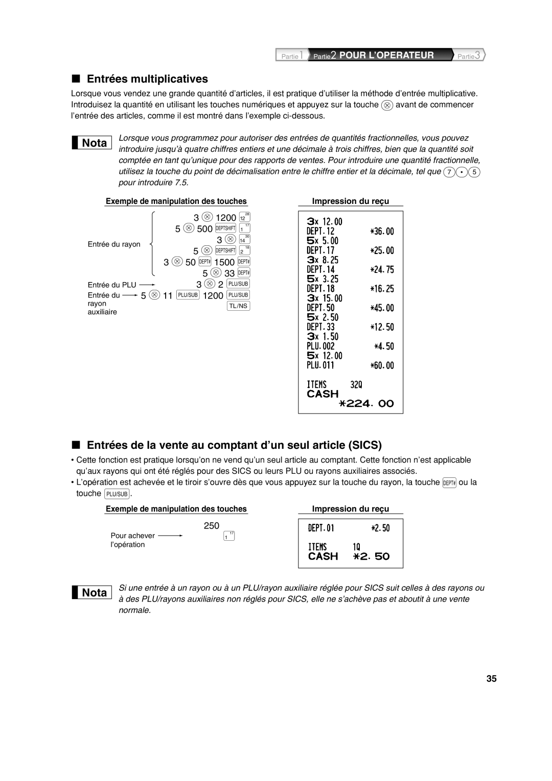 Sharp XE-A113 instruction manual Entrées multiplicatives, Entrées de la vente au comptant d’un seul article Sics 