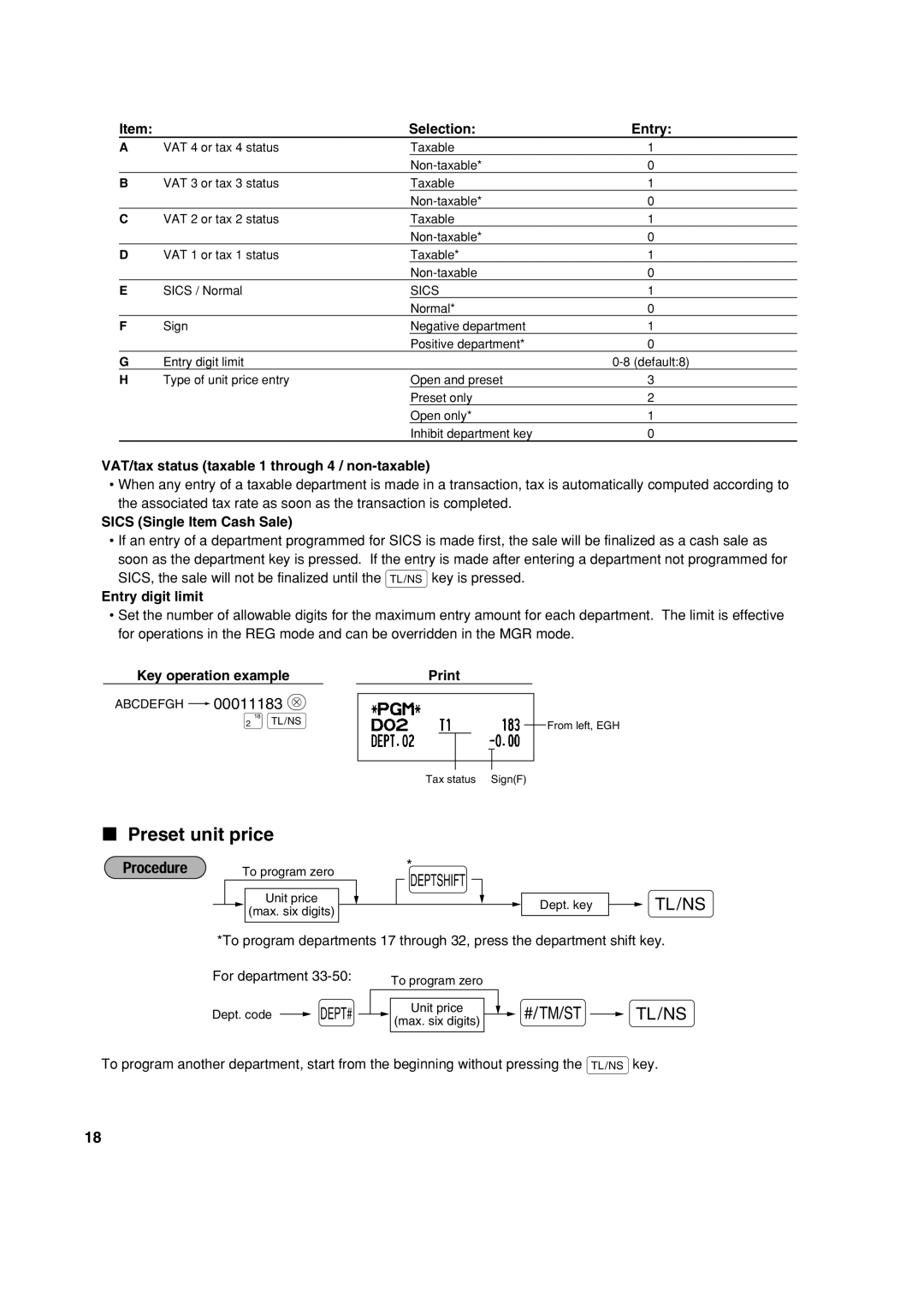 Sharp XE-A113 instruction manual Preset unit price 