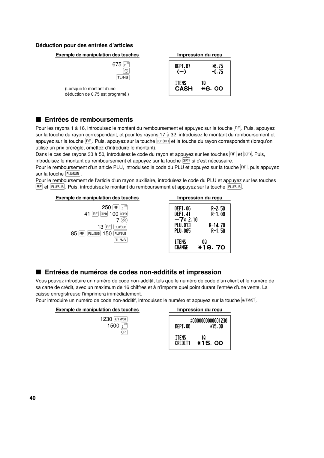 Sharp XE-A113 instruction manual Entrées de remboursements, Entrées de numéros de codes non-additifs et impression 