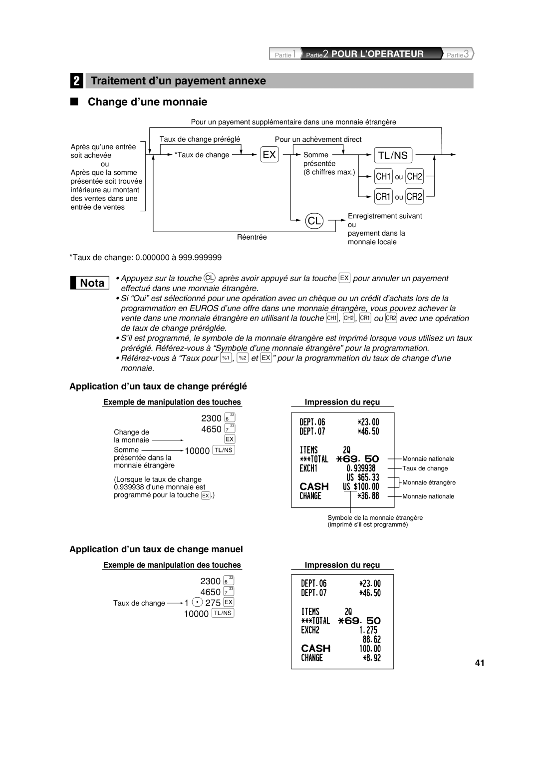 Sharp XE-A113 Traitement d’un payement annexe Change d’une monnaie, Application d’un taux de change préréglé 