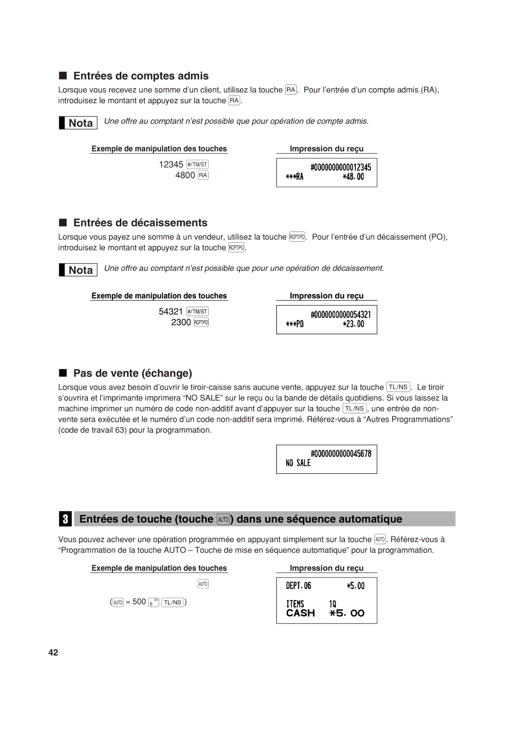 Sharp XE-A113 instruction manual Entrées de comptes admis, Entrées de décaissements, Pas de vente échange 