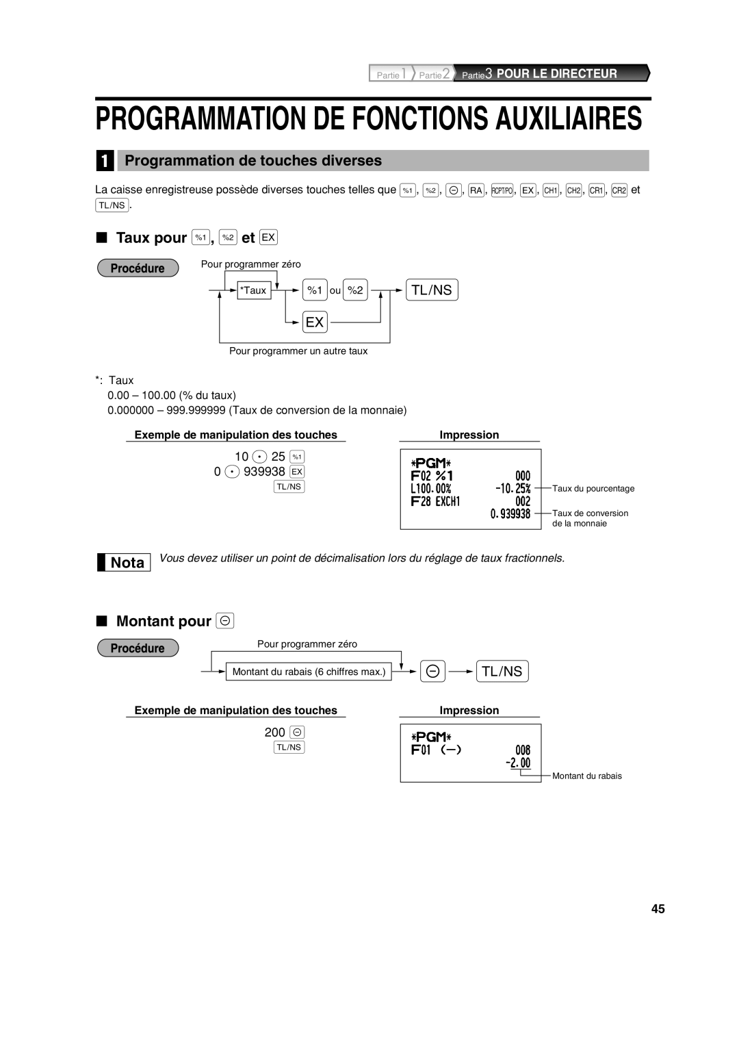 Sharp XE-A113 instruction manual Programmation de touches diverses, Taux pour %, &et, Montant pour 