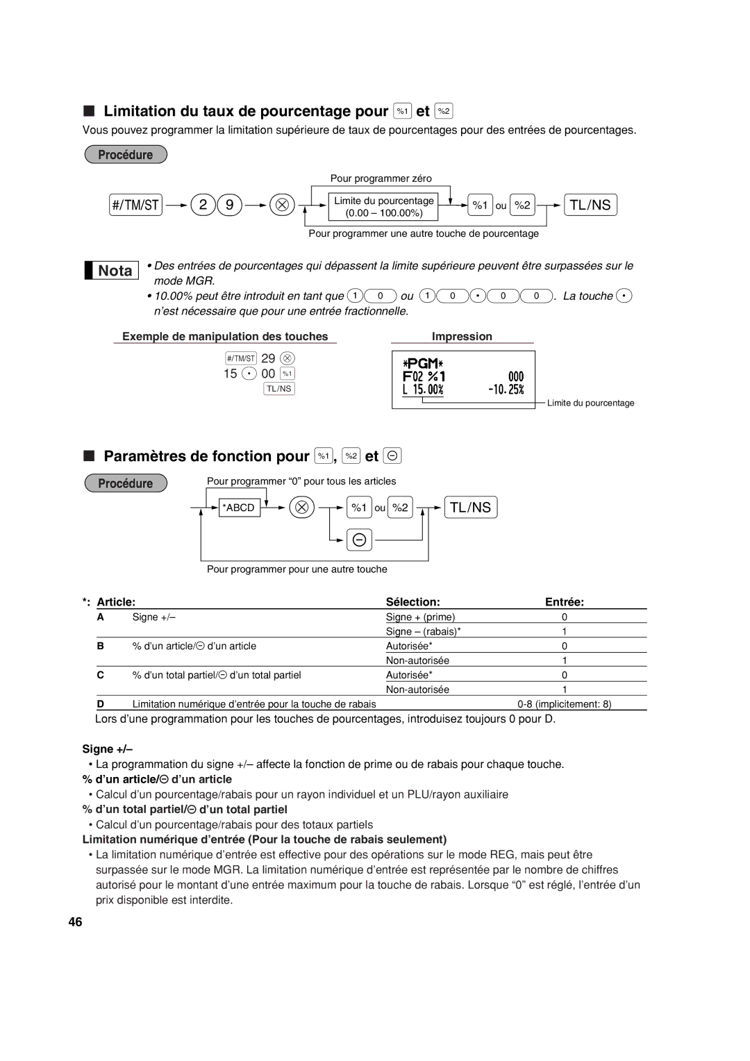 Sharp XE-A113 instruction manual Limitation du taux de pourcentage pour %et, Paramètres de fonction pour %, &et, Signe + 