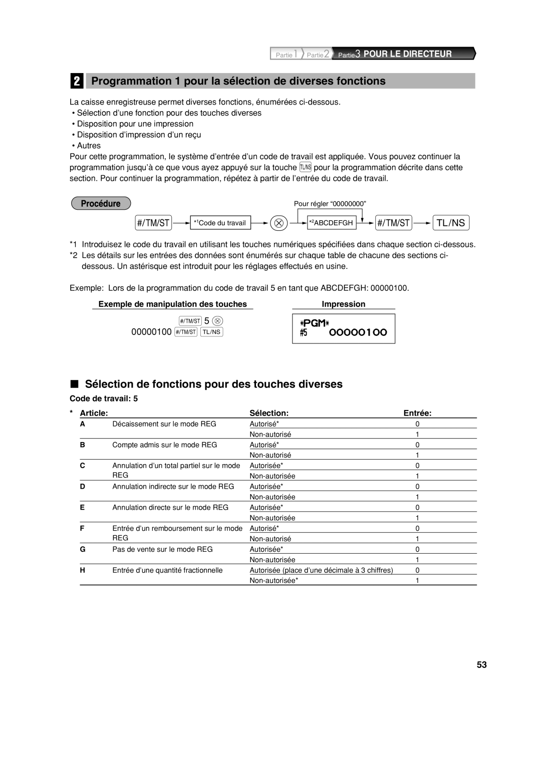 Sharp XE-A113 Programmation 1 pour la sélection de diverses fonctions, Sélection de fonctions pour des touches diverses 