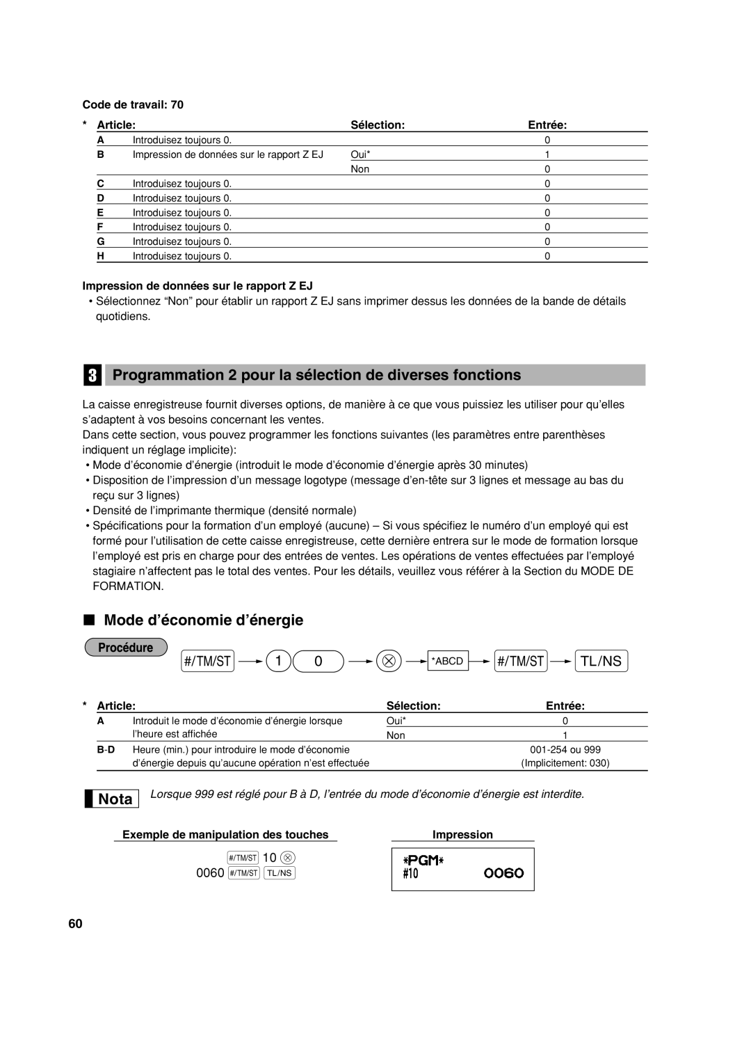 Sharp XE-A113 instruction manual Programmation 2 pour la sélection de diverses fonctions, Mode d’économie d’énergie 