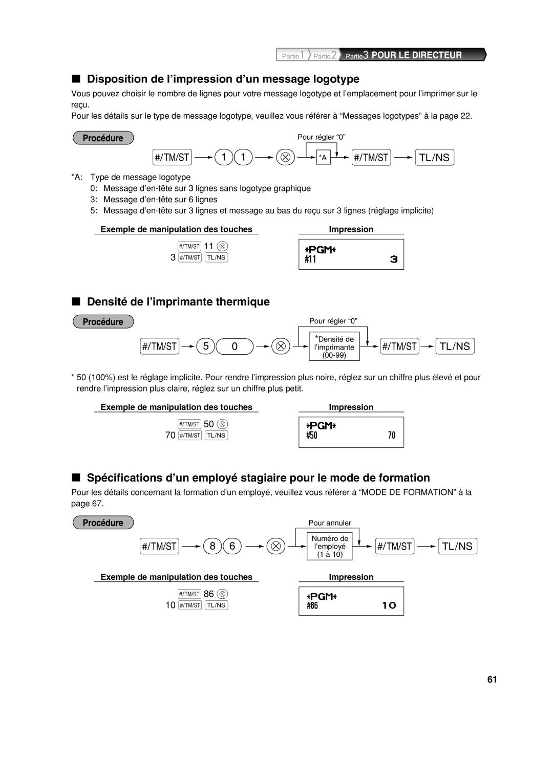 Sharp XE-A113 instruction manual Disposition de l’impression d’un message logotype, Densité de l’imprimante thermique 