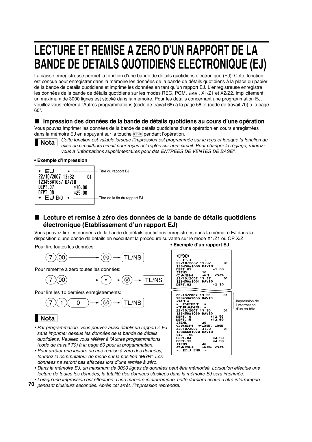 Sharp XE-A113 instruction manual Exemple d’impression, Pour lire toutes les données, Exemple d’un rapport EJ 