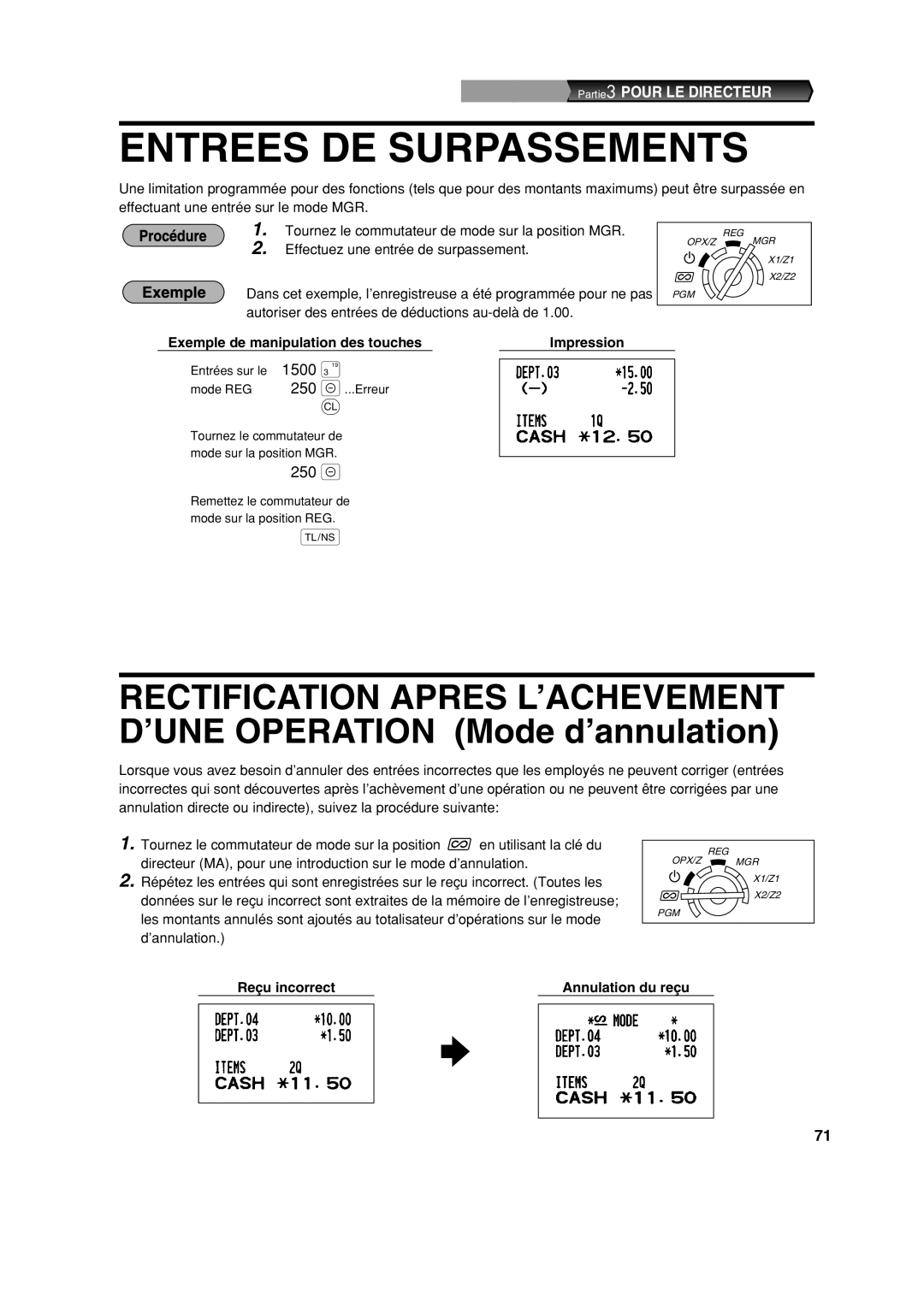 Sharp XE-A113 instruction manual Entrees DE Surpassements, Reçu incorrect Annulation du reçu 