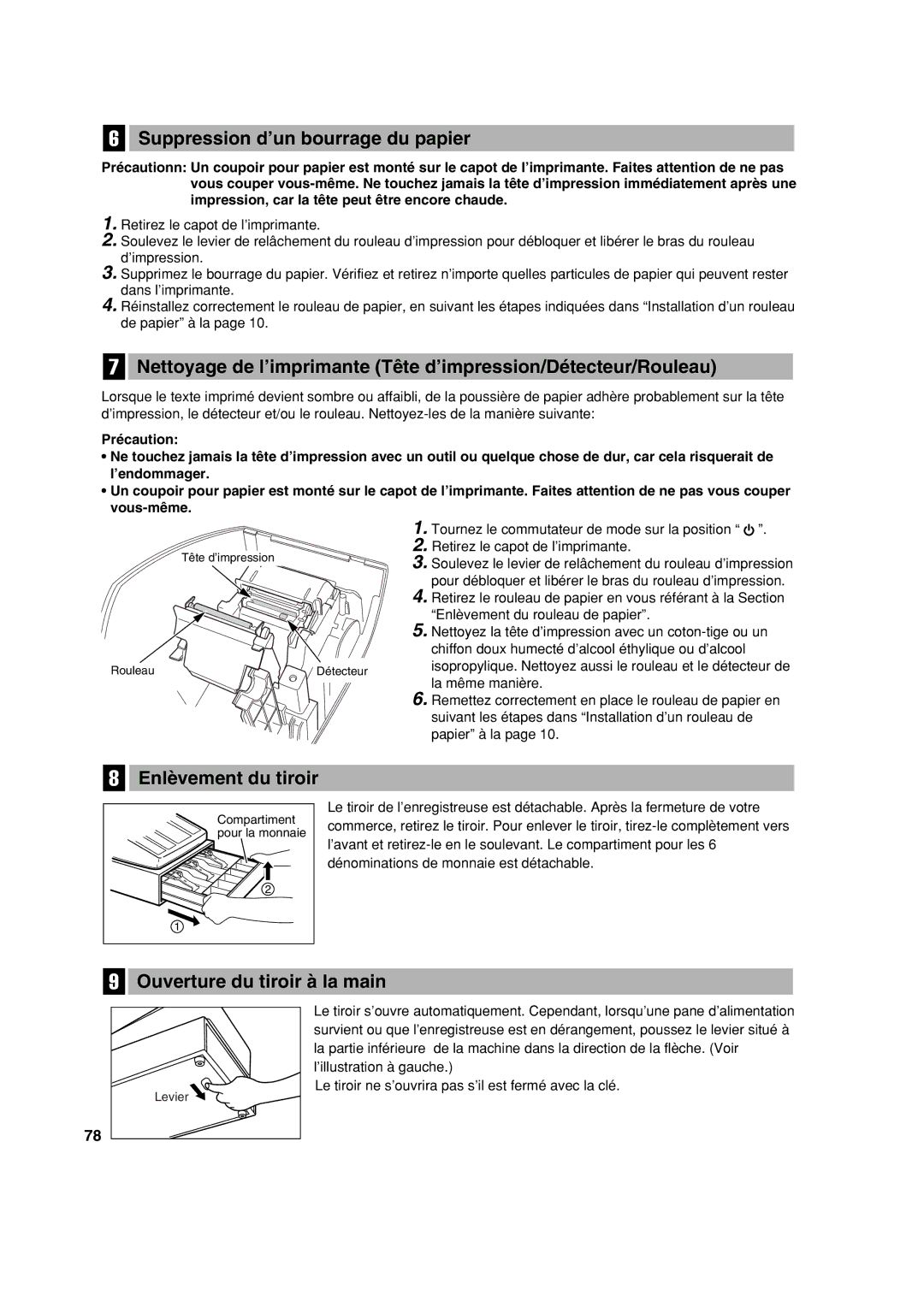 Sharp XE-A113 instruction manual Suppression d’un bourrage du papier, Enlèvement du tiroir, Ouverture du tiroir à la main 