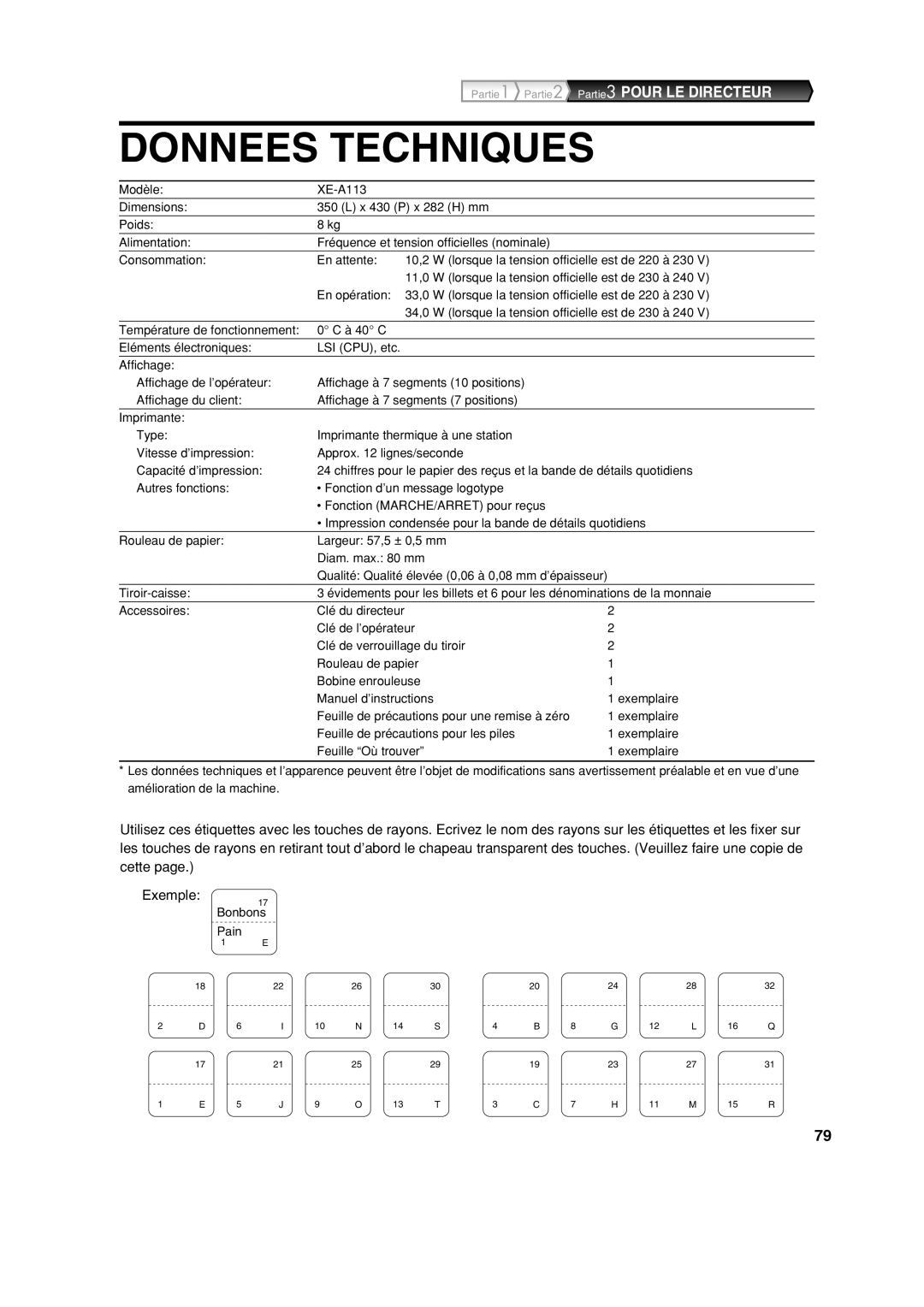 Sharp XE-A113 instruction manual Donnees Techniques 