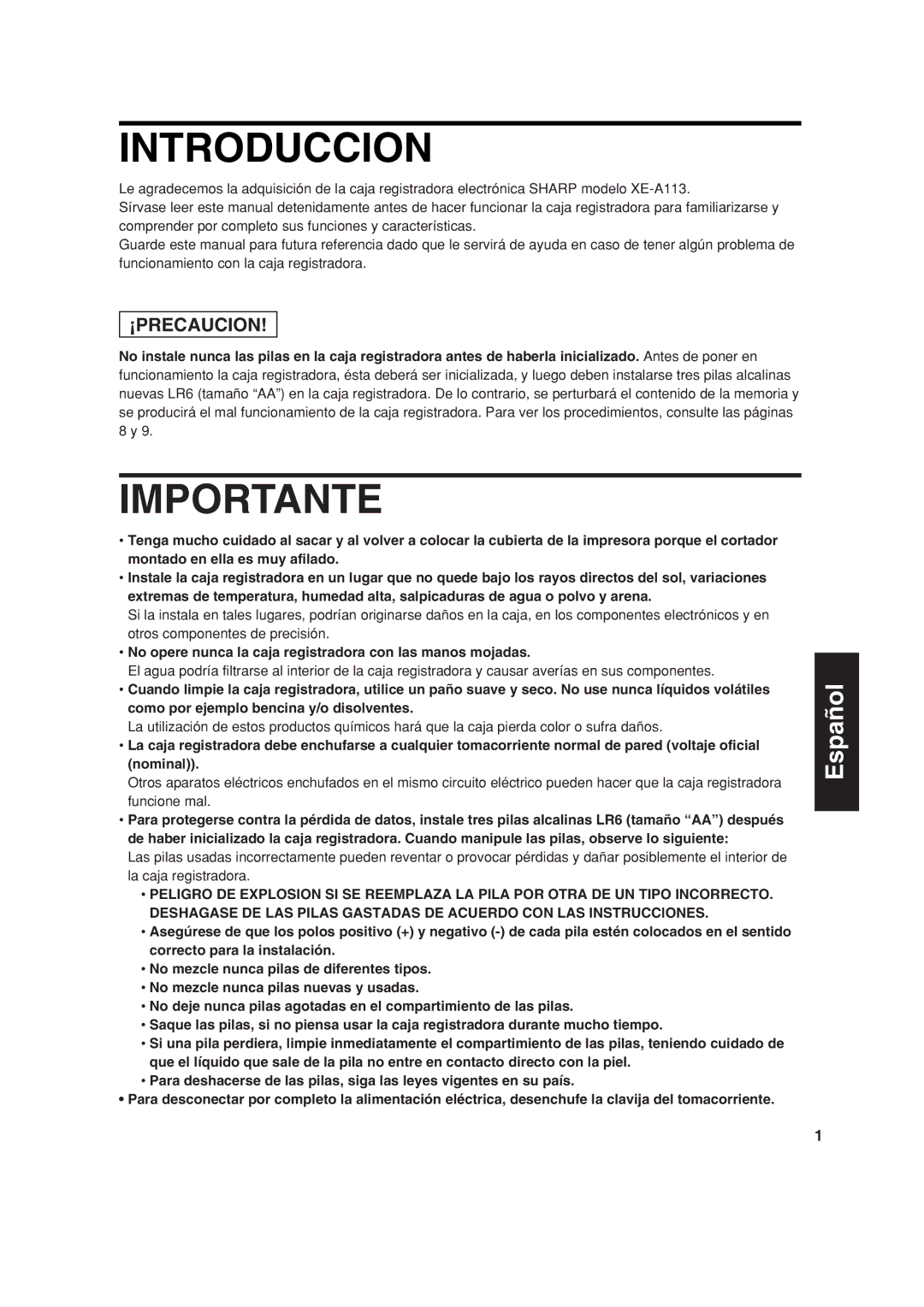 Sharp XE-A113 instruction manual Introduccion, Importante, No opere nunca la caja registradora con las manos mojadas 