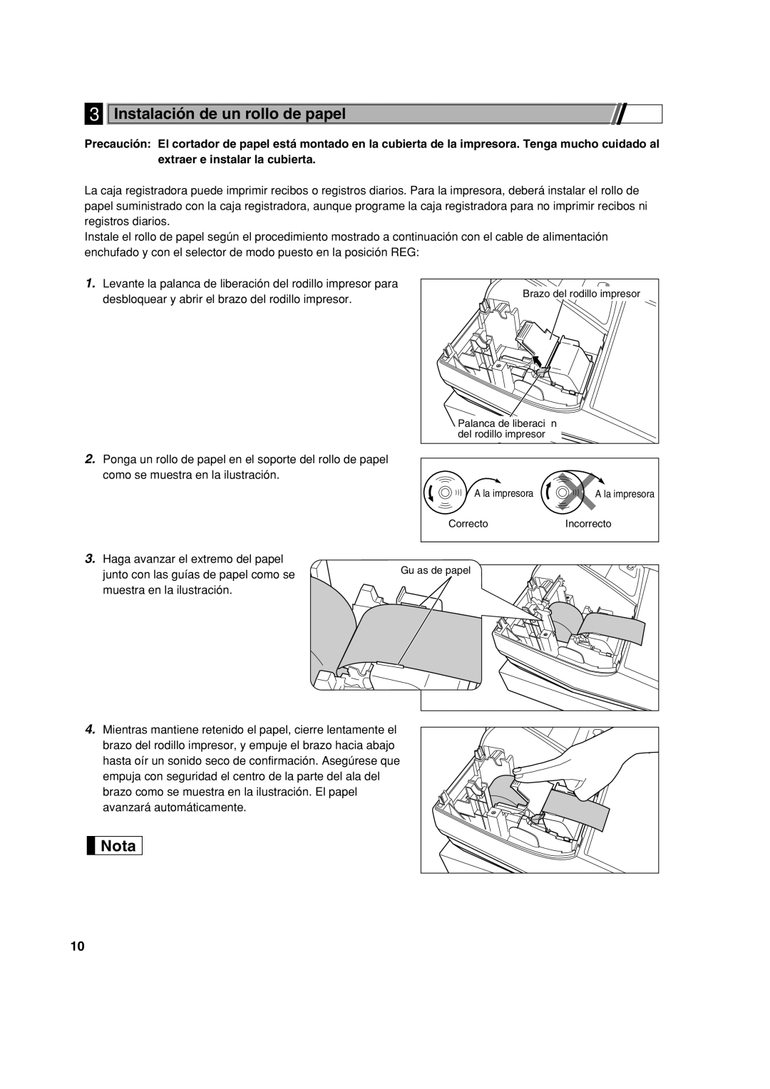 Sharp XE-A113 instruction manual Instalación de un rollo de papel, Haga avanzar el extremo del papel 