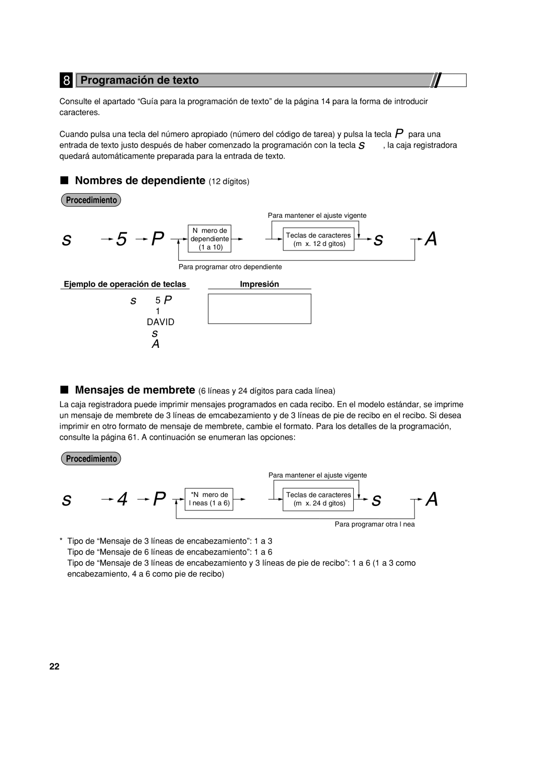 Sharp XE-A113 instruction manual Programación de texto, Nombres de dependiente 12 dígitos 