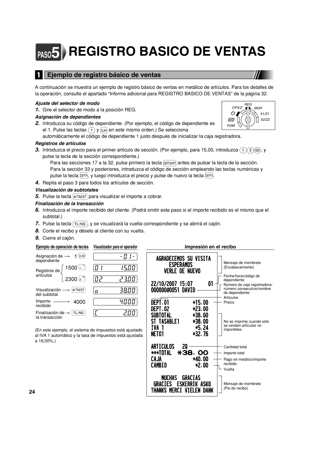 Sharp XE-A113 PASO5 Registro Basico DE Ventas, Ejemplo de registro básico de ventas, Impresión en el recibo 