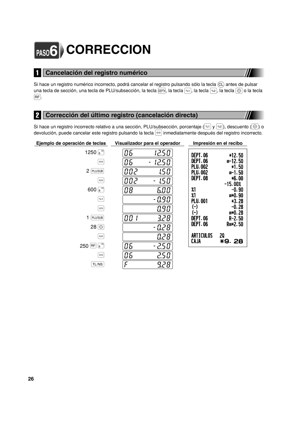 Sharp XE-A113 PASO6 Correccion, Cancelación del registro numérico, Corrección del último registro cancelación directa 