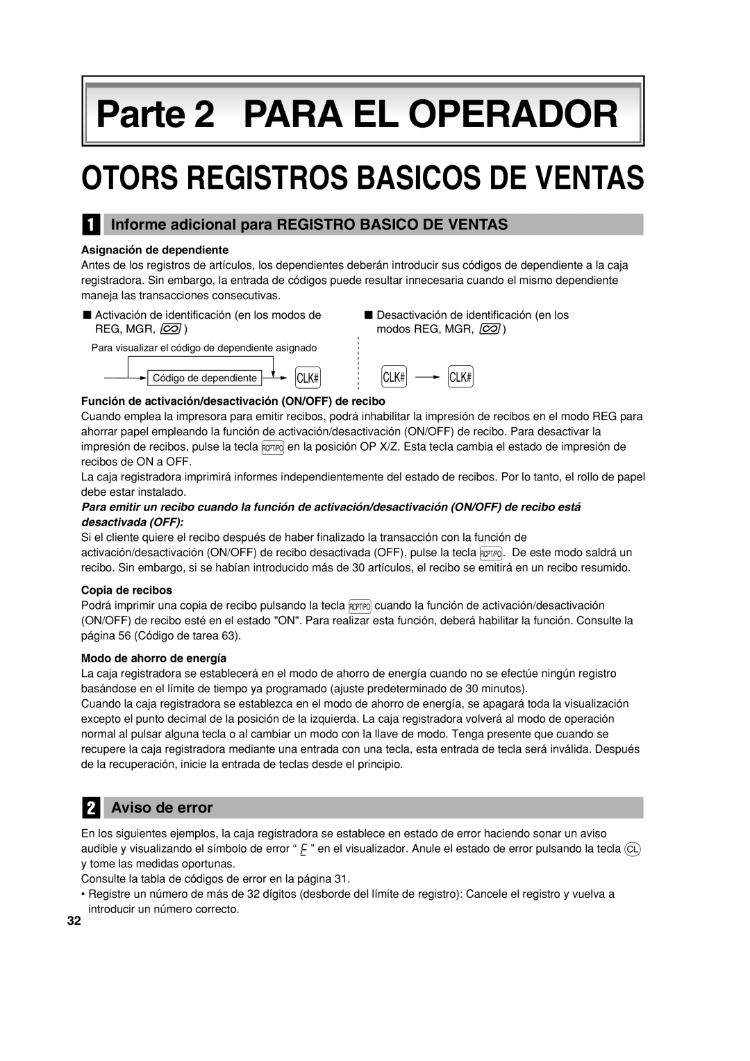 Sharp XE-A113 Otors Registros Basicos DE Ventas, Informe adicional para Registro Basico DE Ventas, Aviso de error 