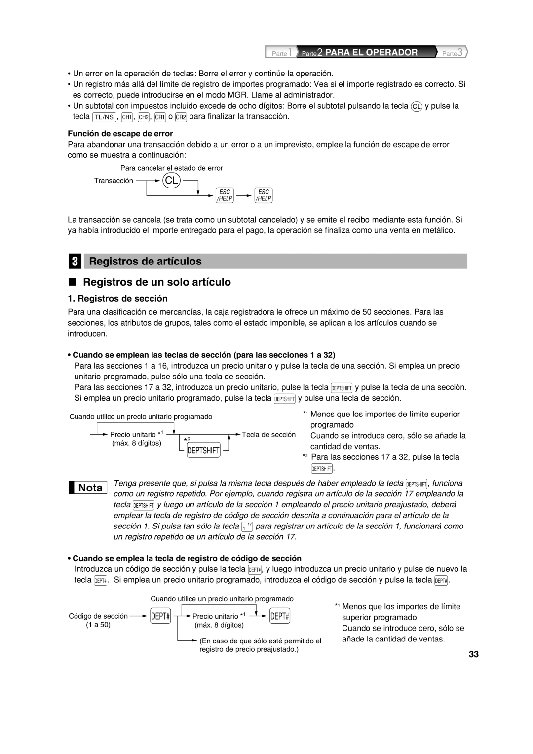 Sharp XE-A113 Registros de artículos Registros de un solo artículo, Registros de sección, Función de escape de error 