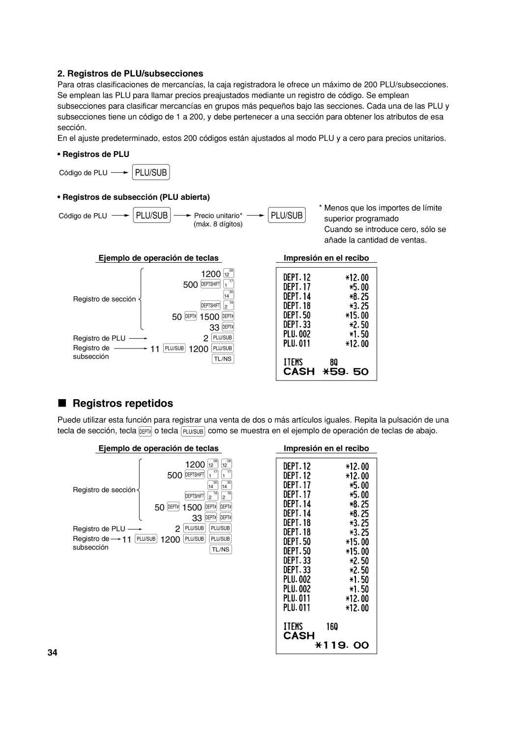 Sharp XE-A113 instruction manual Registros repetidos, Registros de PLU/subsecciones, Registros de subsección PLU abierta 