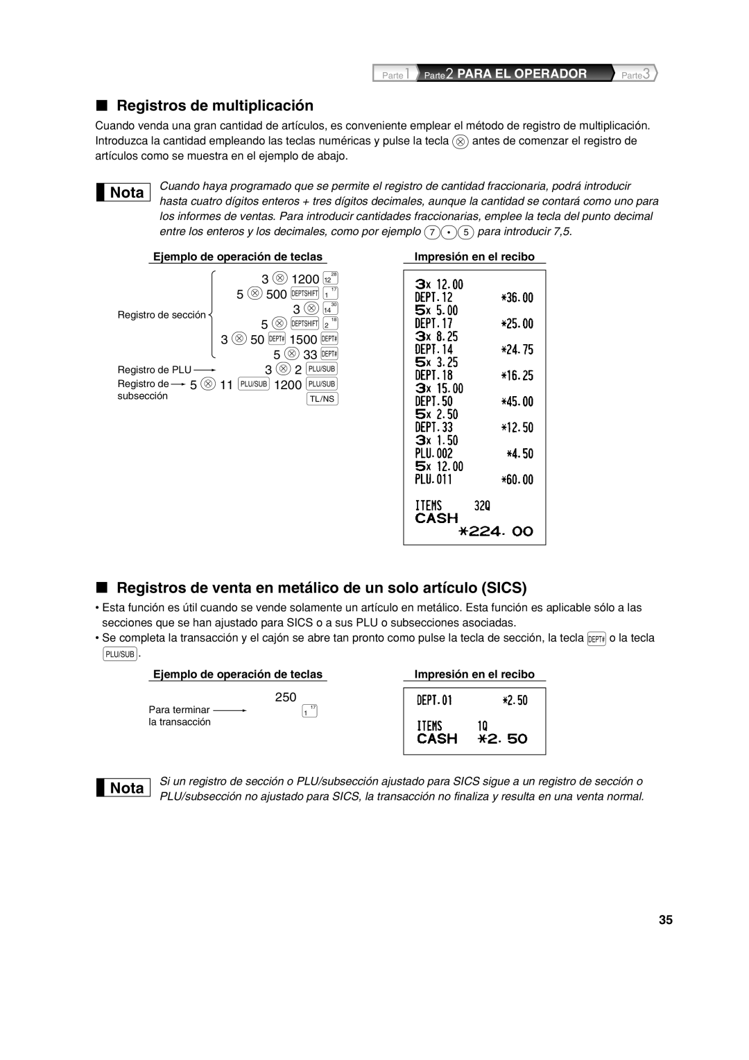 Sharp XE-A113 instruction manual Registros de multiplicación, Registros de venta en metálico de un solo artículo Sics 