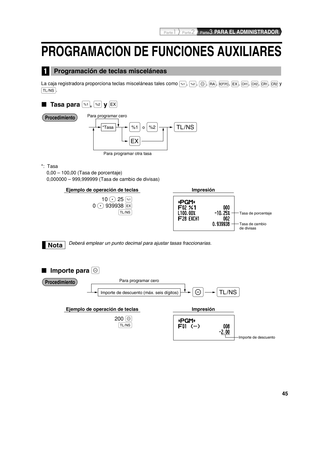 Sharp XE-A113 instruction manual Programación de teclas misceláneas, Tasa para %, &y, Importe para 