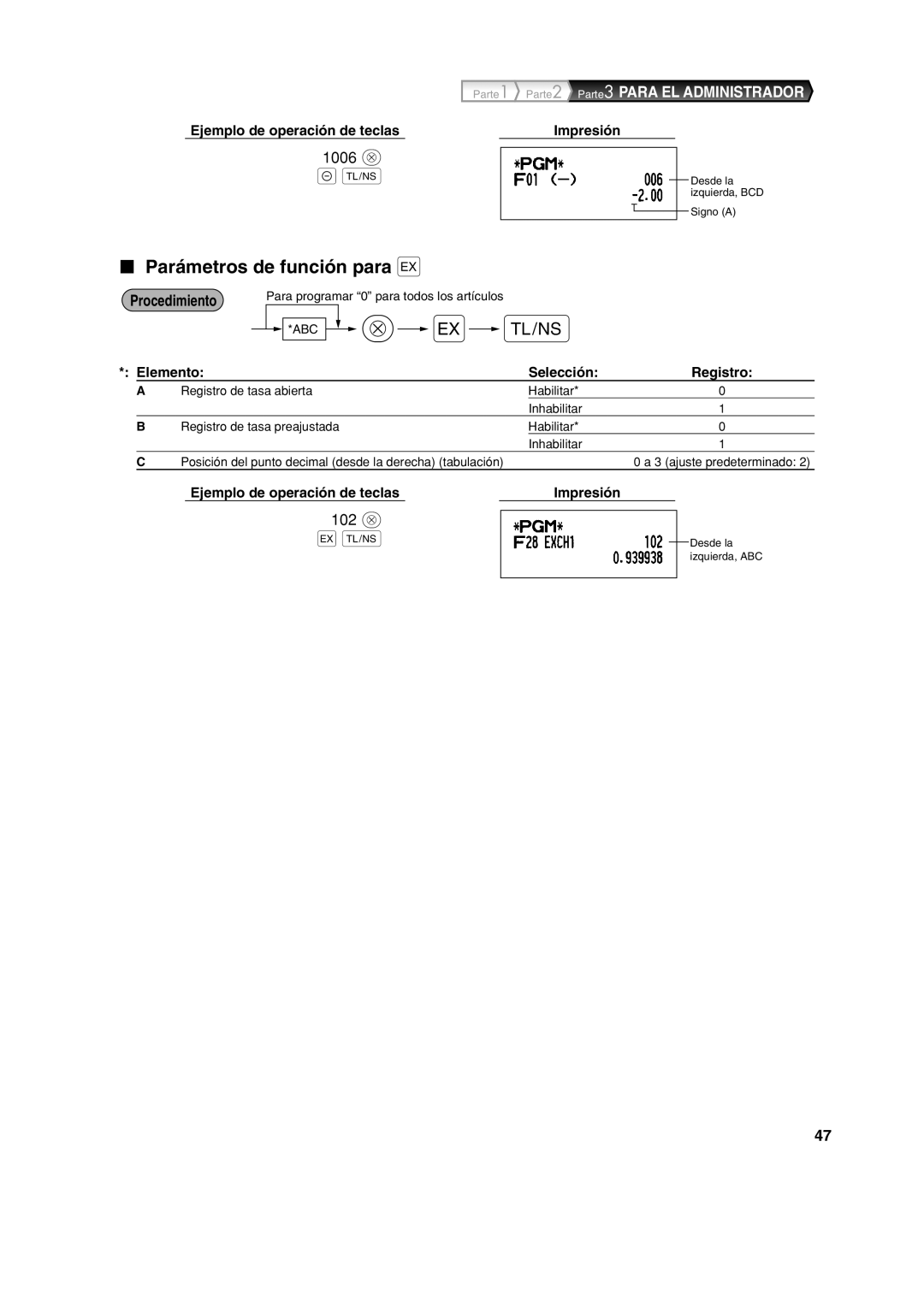 Sharp XE-A113 instruction manual Parámetros de función para 