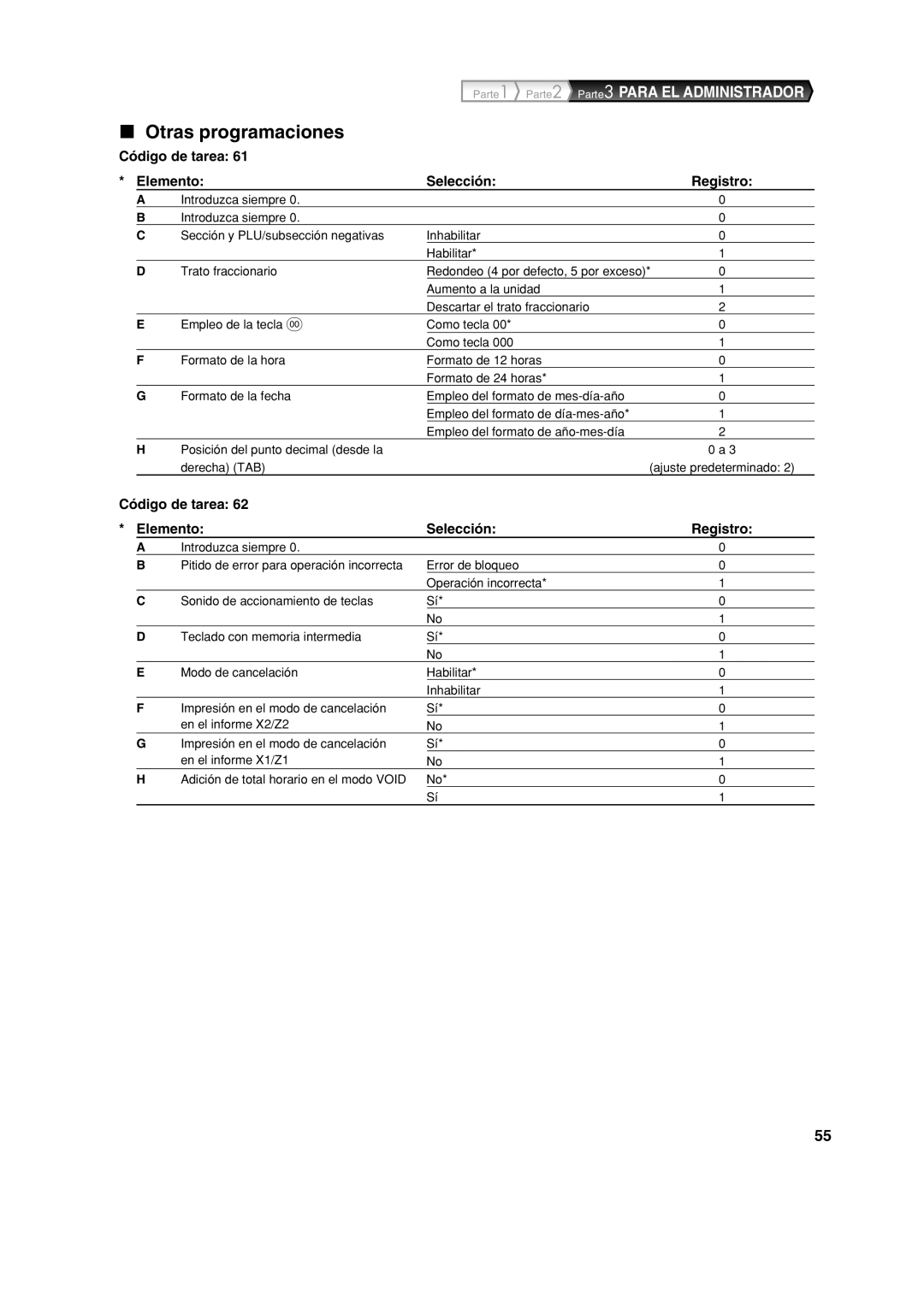 Sharp XE-A113 instruction manual Otras programaciones, Código de tarea Elemento Selección 