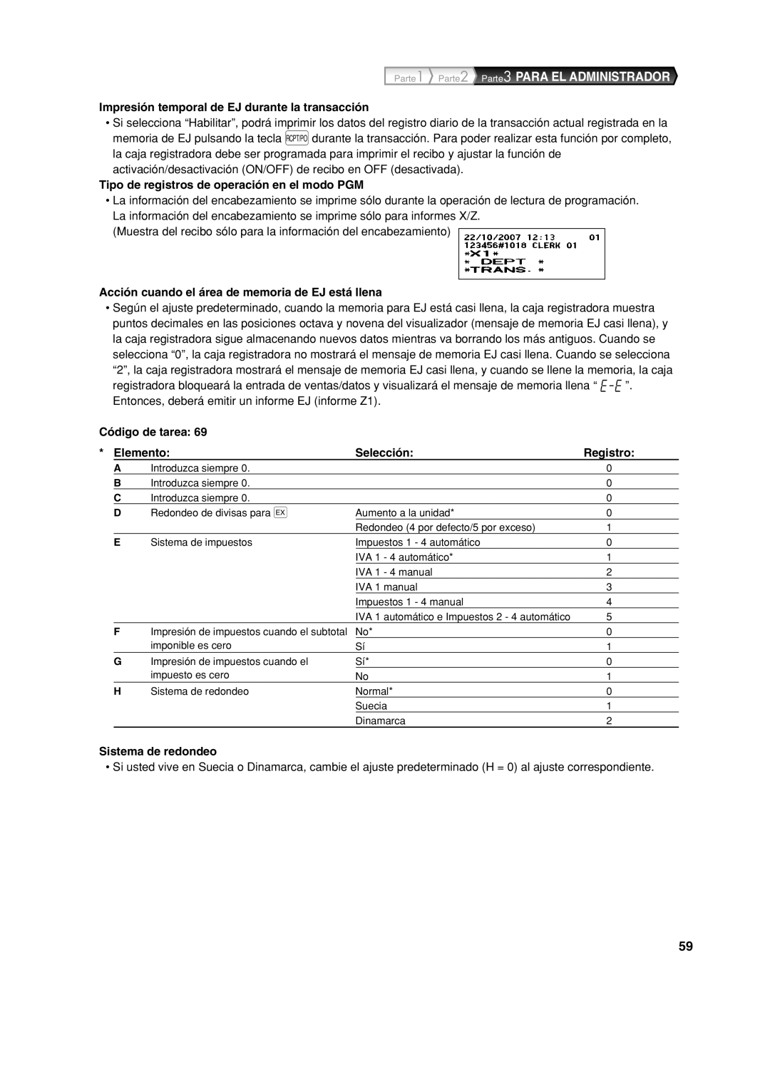 Sharp XE-A113 Impresión temporal de EJ durante la transacción, Tipo de registros de operación en el modo PGM 