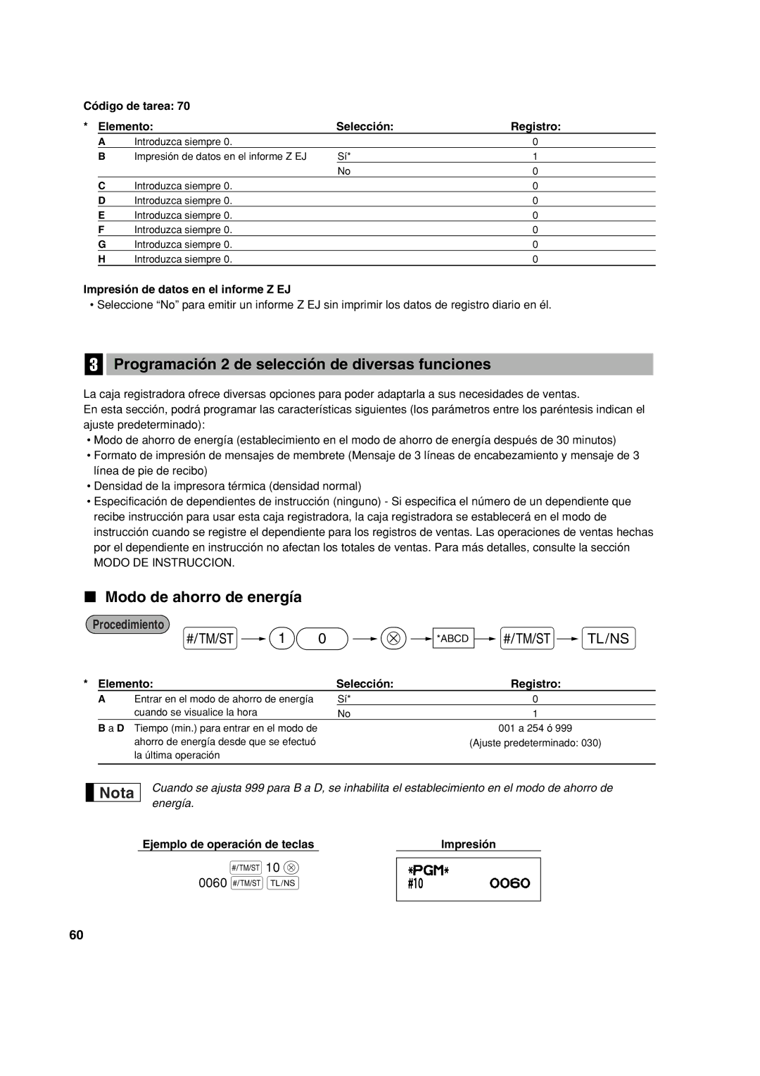 Sharp XE-A113 Programación 2 de selección de diversas funciones, Modo de ahorro de energía, Procedimiento s 