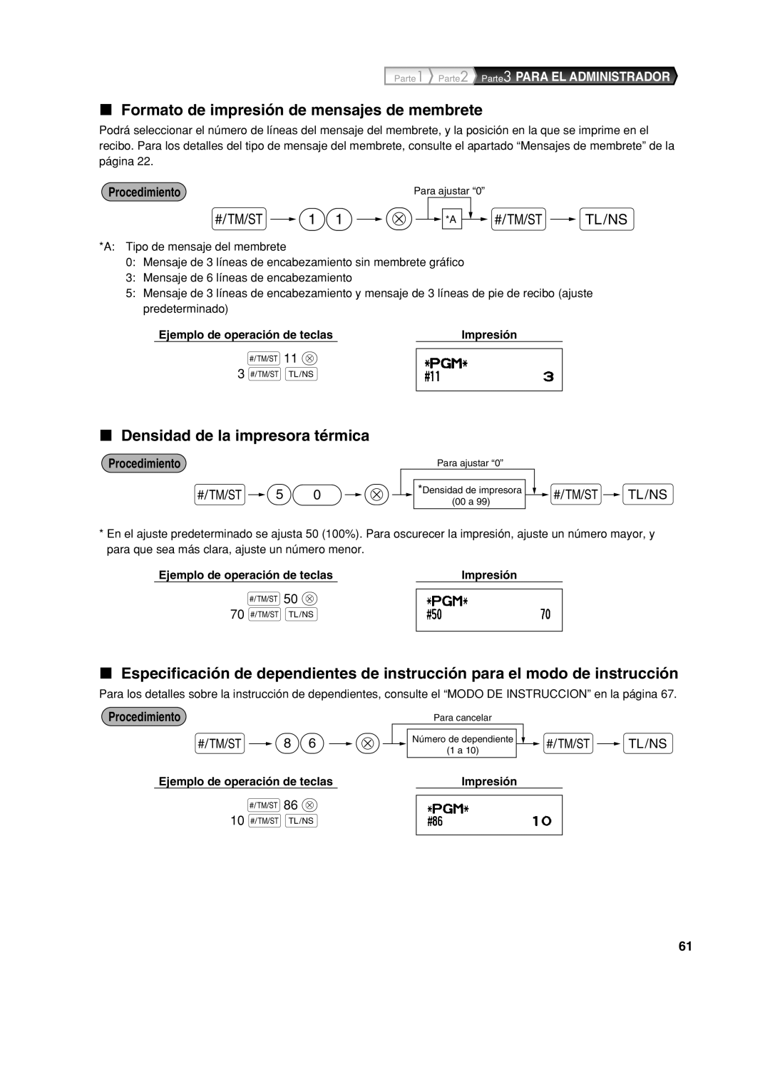 Sharp XE-A113 instruction manual Formato de impresión de mensajes de membrete, Densidad de la impresora térmica 