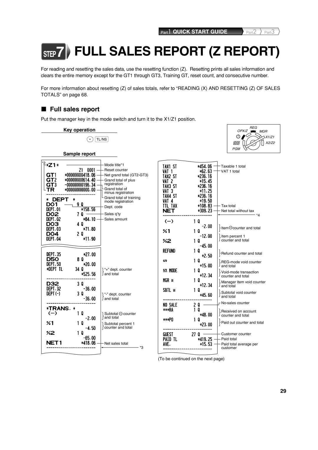 Sharp XE-A113 instruction manual Full Sales Report Z Report, Full sales report, Key operation Sample report 