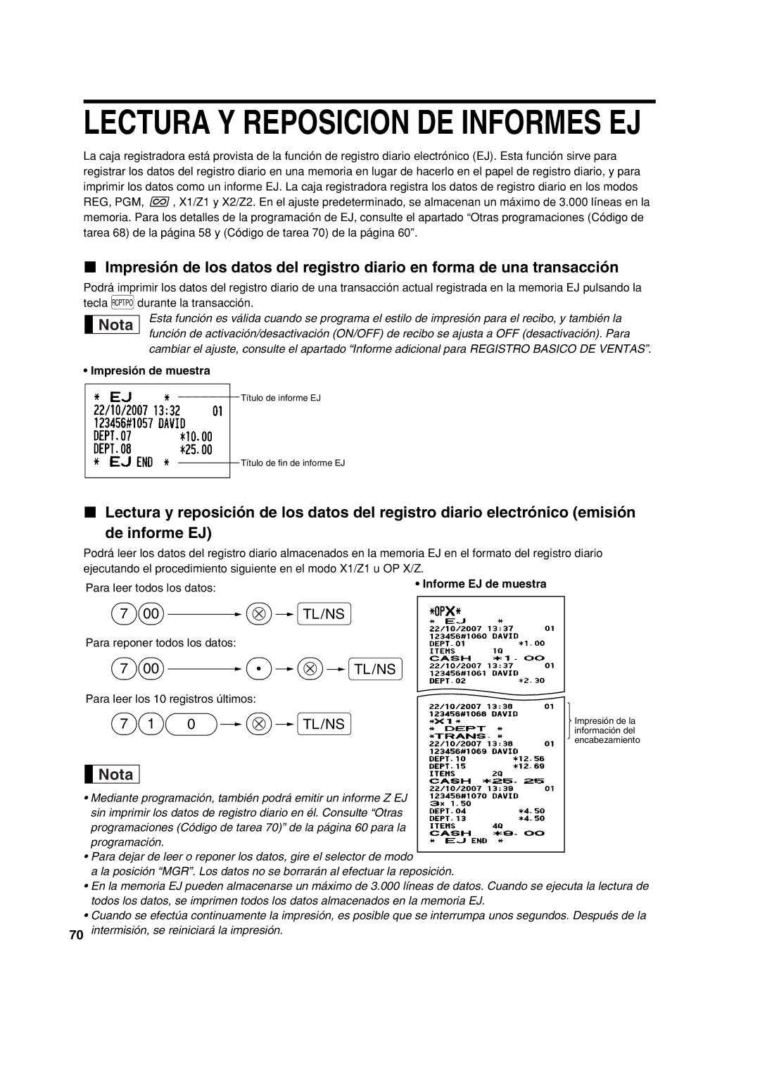 Sharp XE-A113 instruction manual Impresión de muestra, Informe EJ de muestra, Para reponer todos los datos 