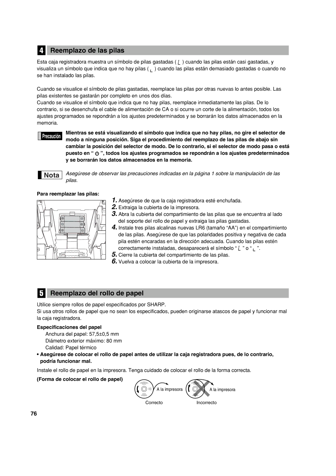 Sharp XE-A113 Reemplazo de las pilas, Reemplazo del rollo de papel, Para reemplazar las pilas, Especificaciones del papel 