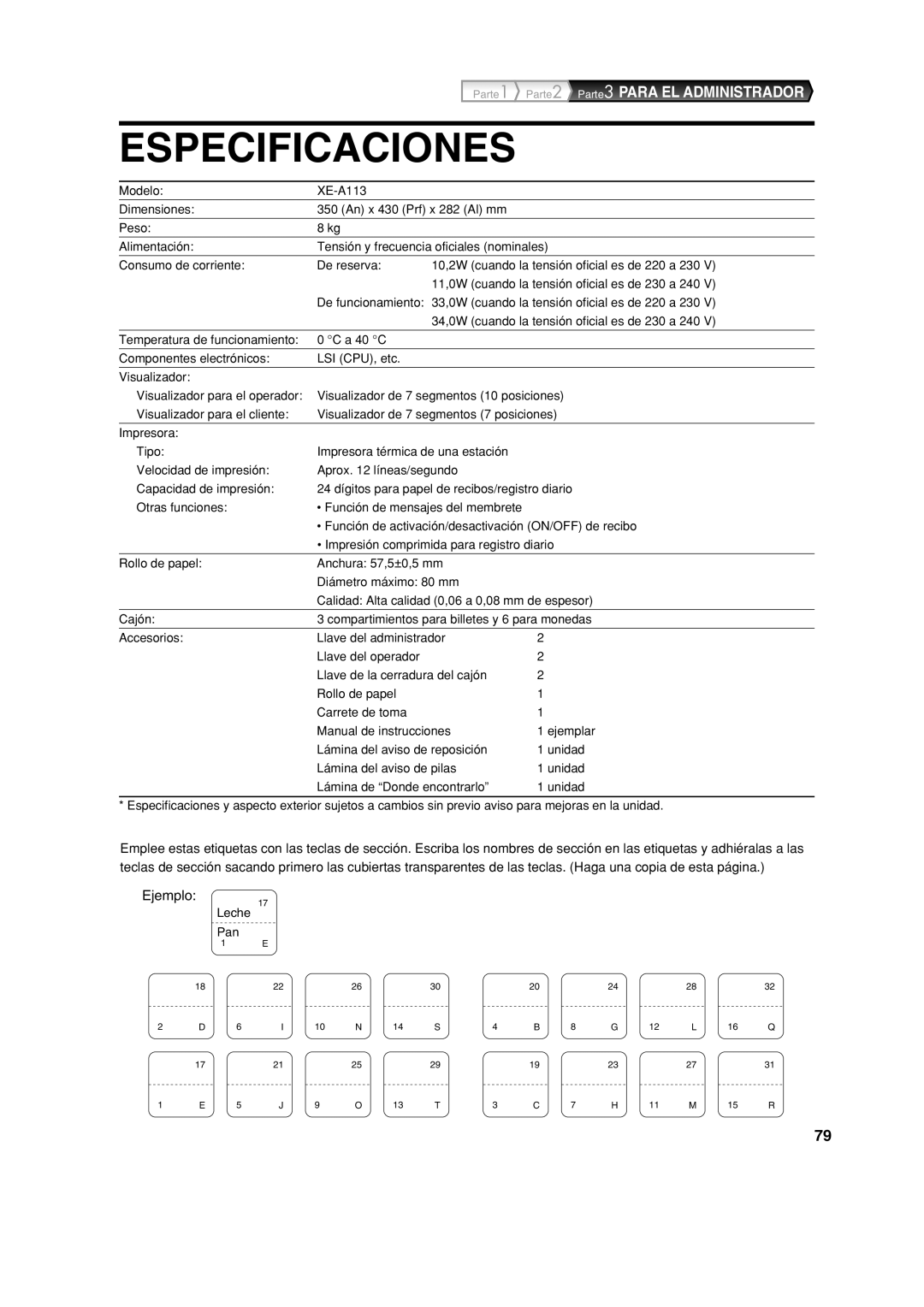 Sharp XE-A113 instruction manual Especificaciones 