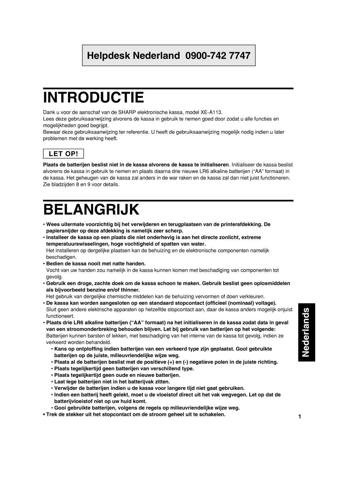 Sharp XE-A113 instruction manual Introductie, Belangrijk, Bedien de kassa nooit met natte handen 