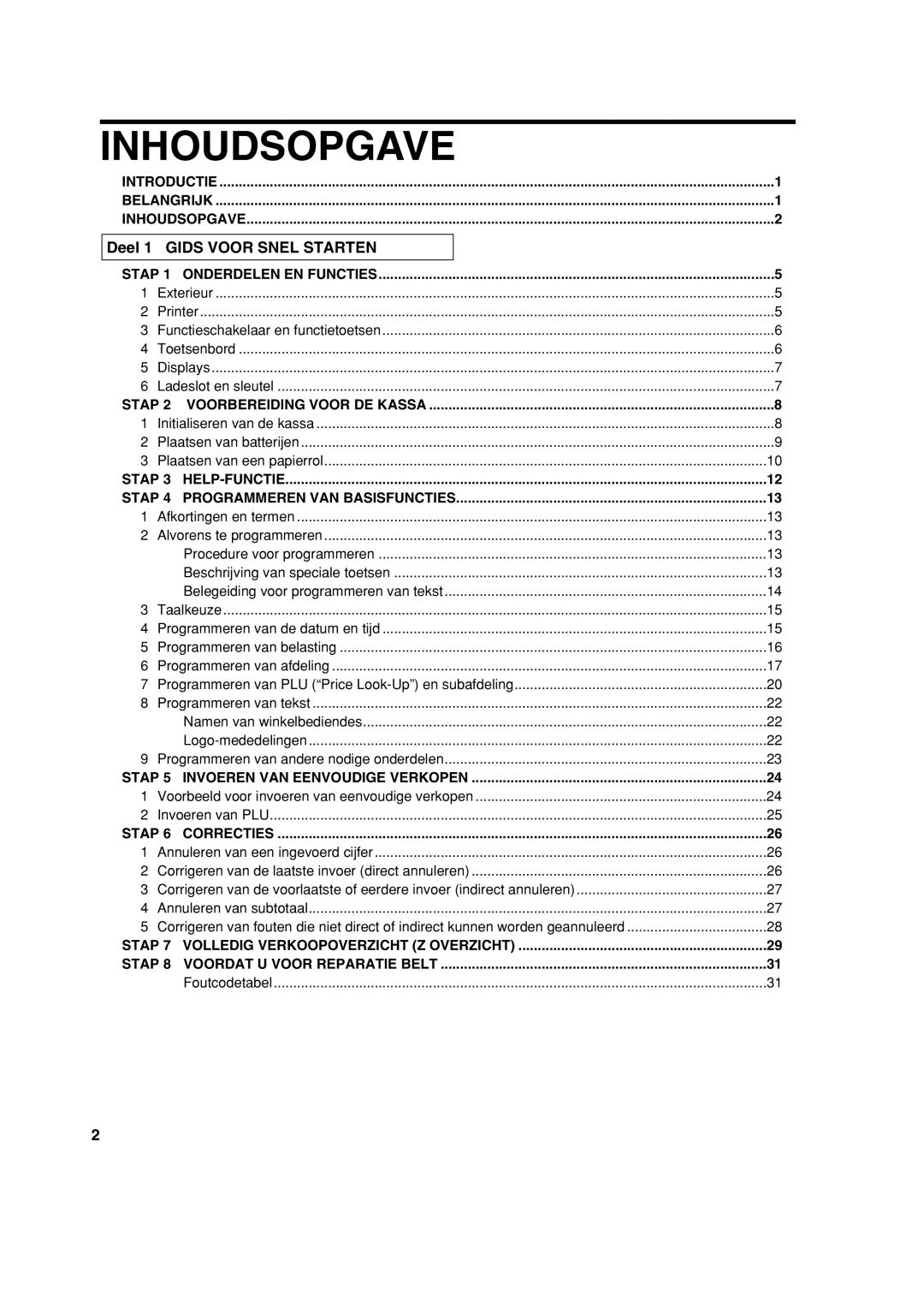 Sharp XE-A113 instruction manual Inhoudsopgave, Deel 1 Gids Voor Snel Starten, Foutcodetabel 