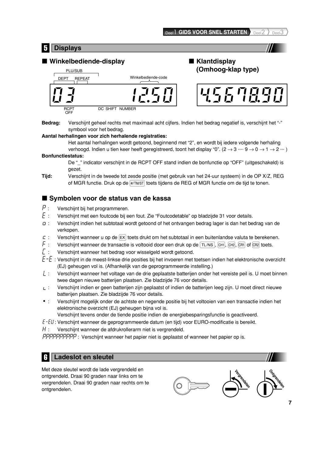 Sharp XE-A113 Displays Winkelbediende-display, Klantdisplay Omhoog-klap type, Symbolen voor de status van de kassa 