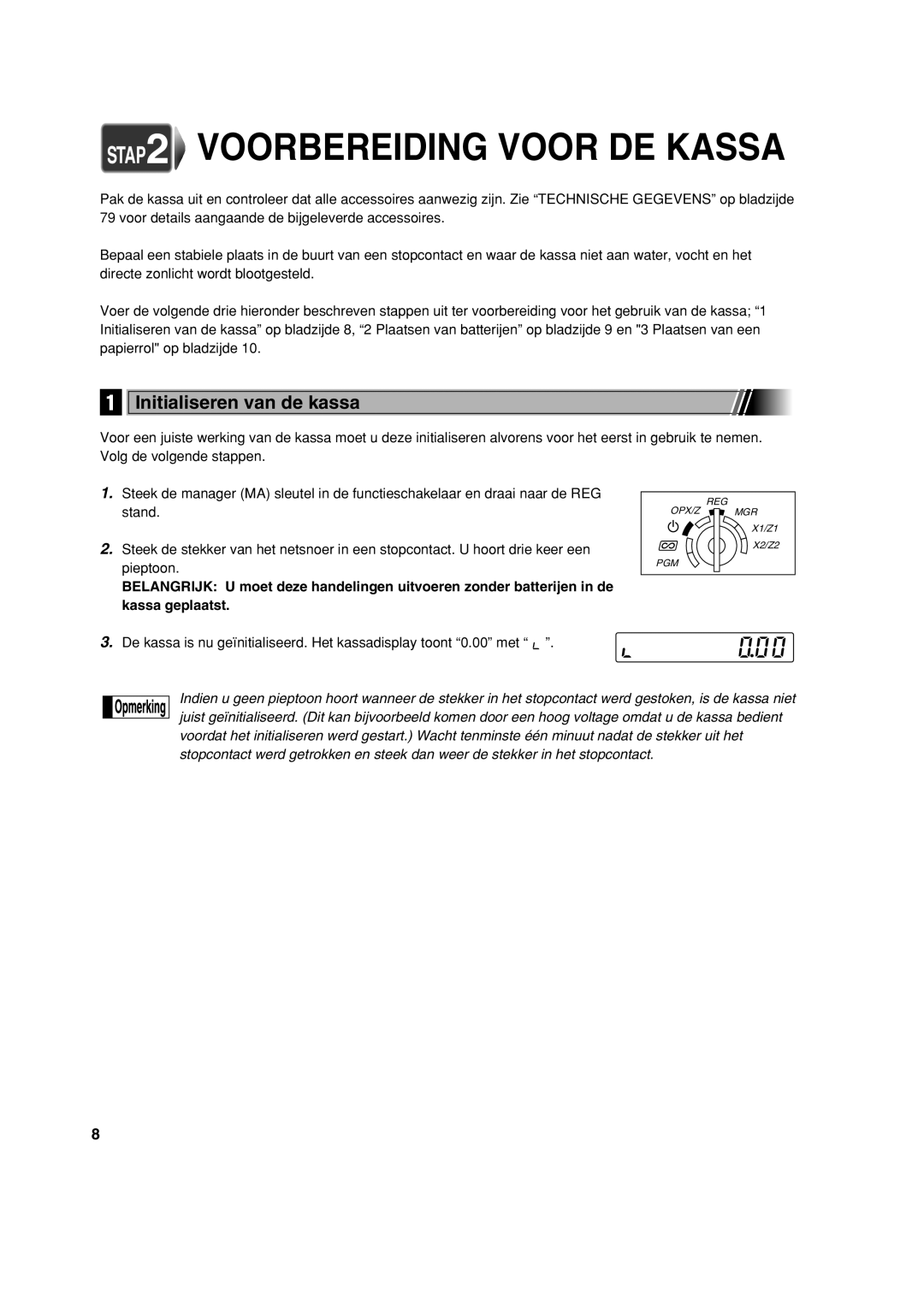 Sharp XE-A113 instruction manual STAP2 Voorbereiding Voor DE Kassa, Initialiseren van de kassa 