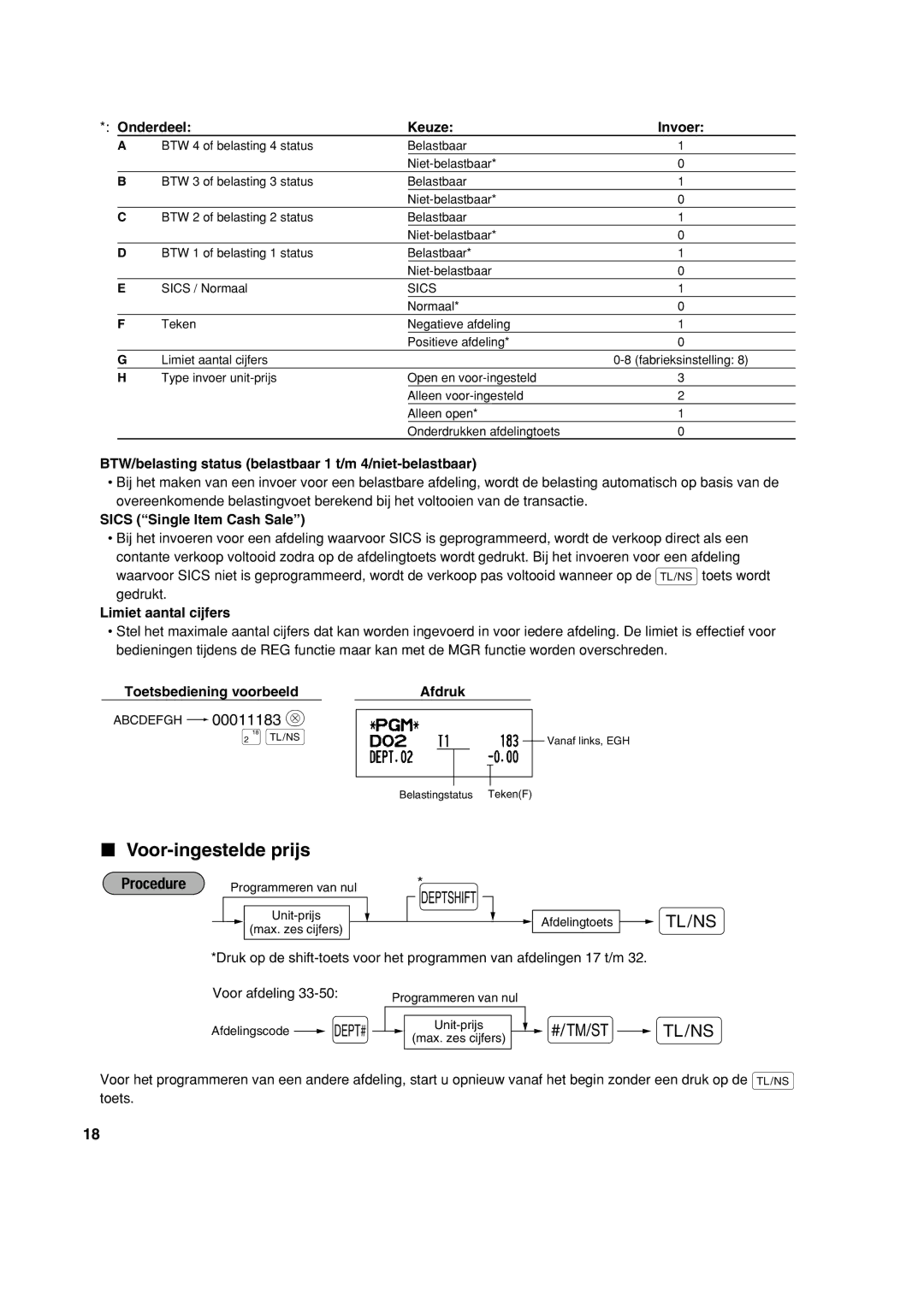 Sharp XE-A113 Voor-ingestelde prijs, Onderdeel Keuze Invoer, BTW/belasting status belastbaar 1 t/m 4/niet-belastbaar 