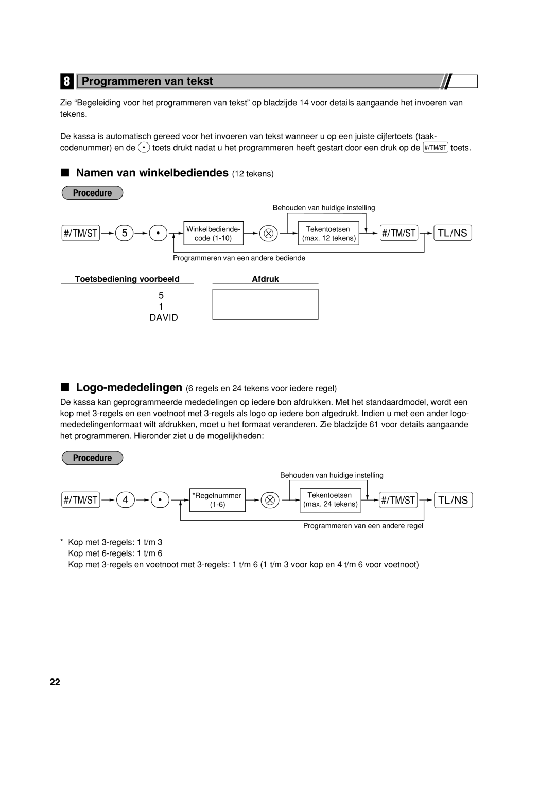 Sharp XE-A113 instruction manual Programmeren van tekst, Namen van winkelbediendes 12 tekens 