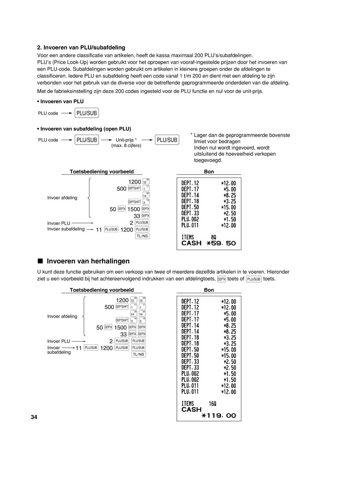 Sharp XE-A113 instruction manual Invoeren van herhalingen, Invoeren van PLU/subafdeling 