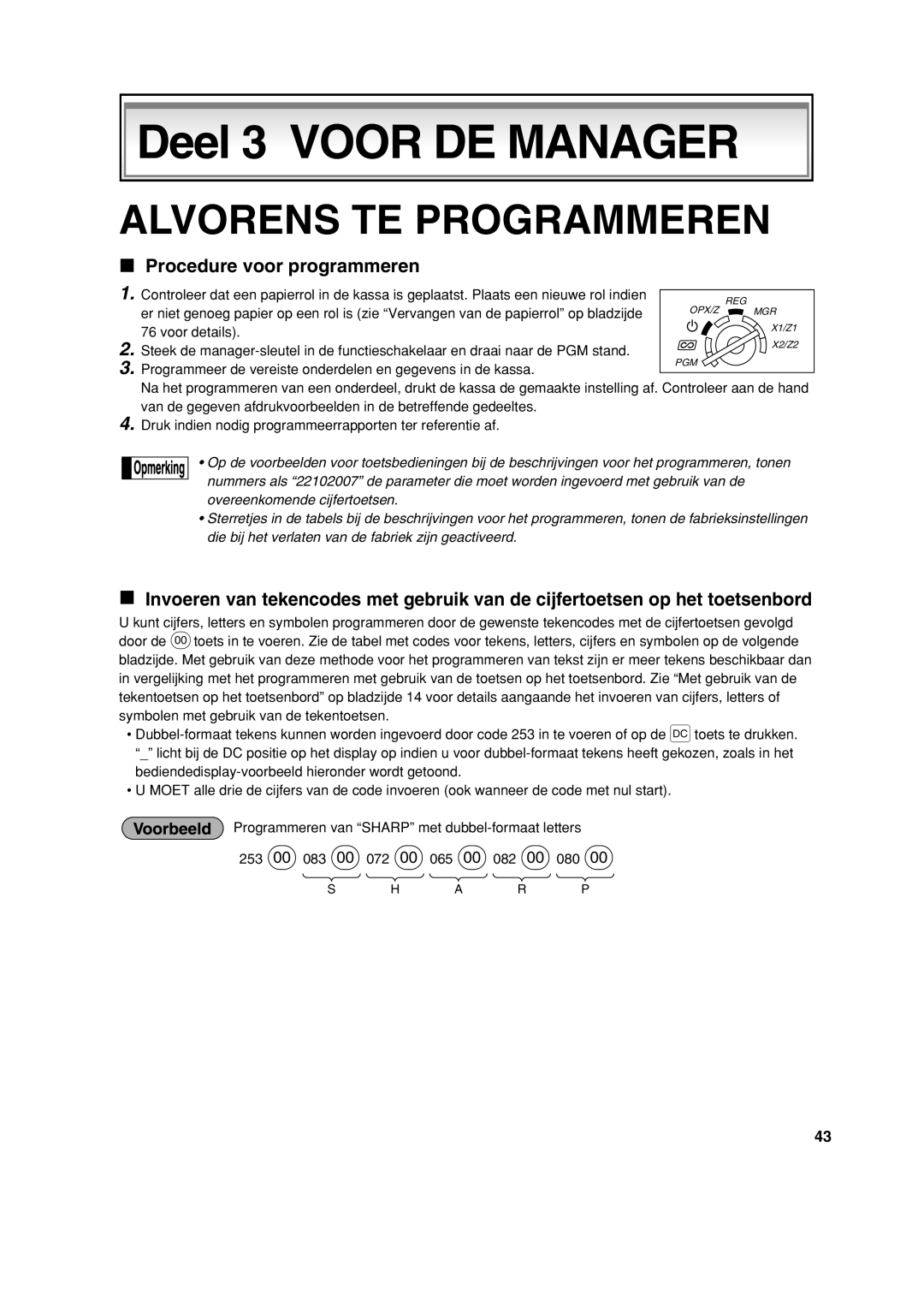 Sharp XE-A113 instruction manual Deel 3 Voor DE Manager, Alvorens TE Programmeren 