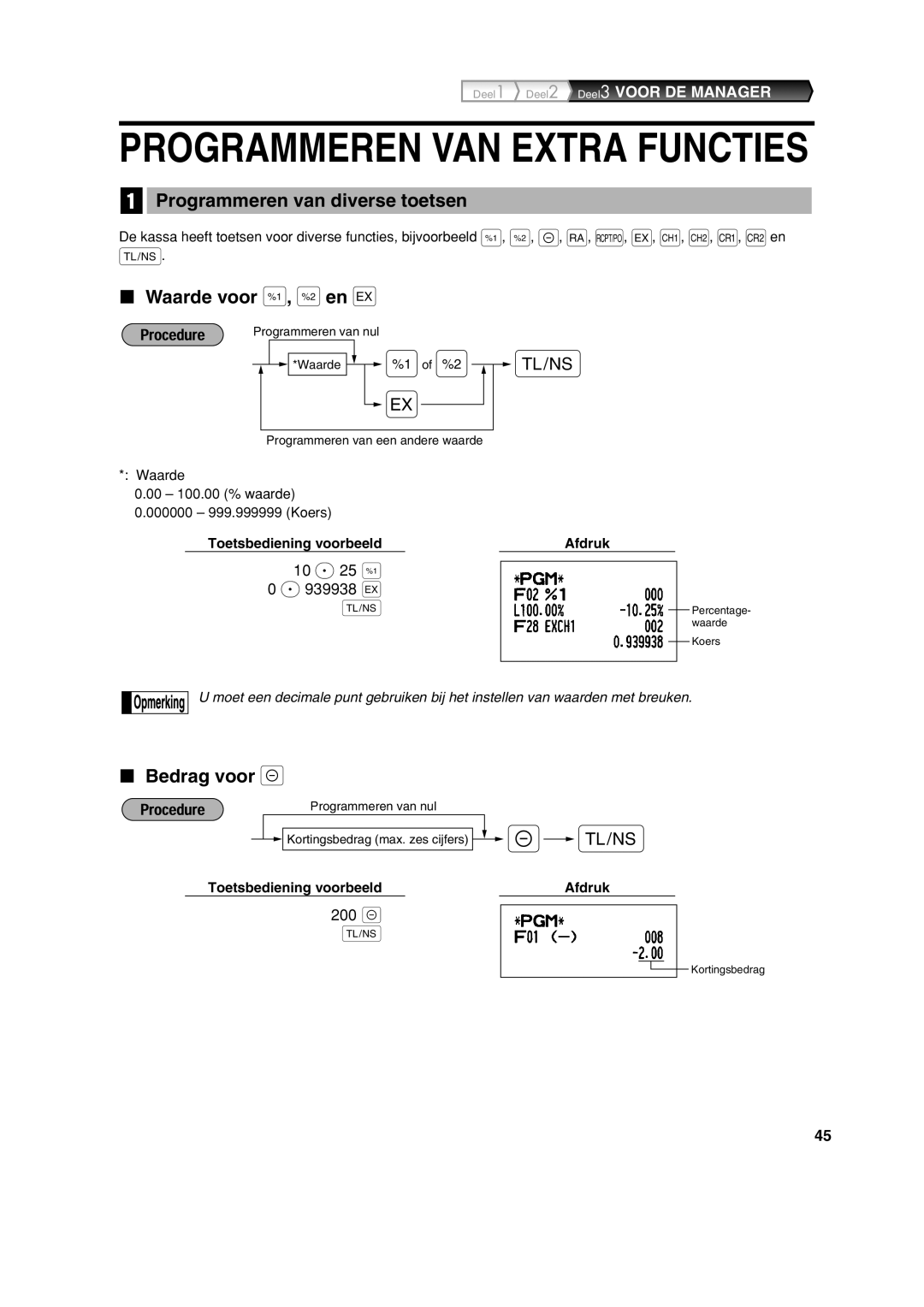 Sharp XE-A113 Programmeren VAN Extra Functies, Programmeren van diverse toetsen, Waarde voor %, &en, Bedrag voor 